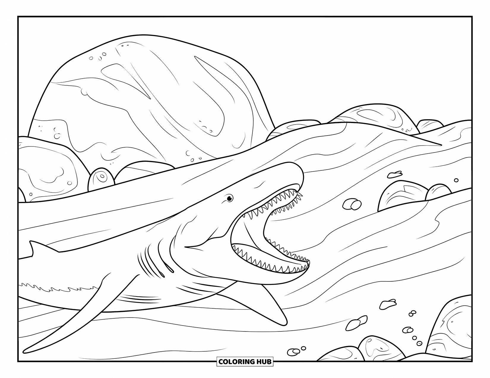 Megalodon Shark Coloring Page for Kids: The shark glides calmly beside underwater rocks and large sand hills
