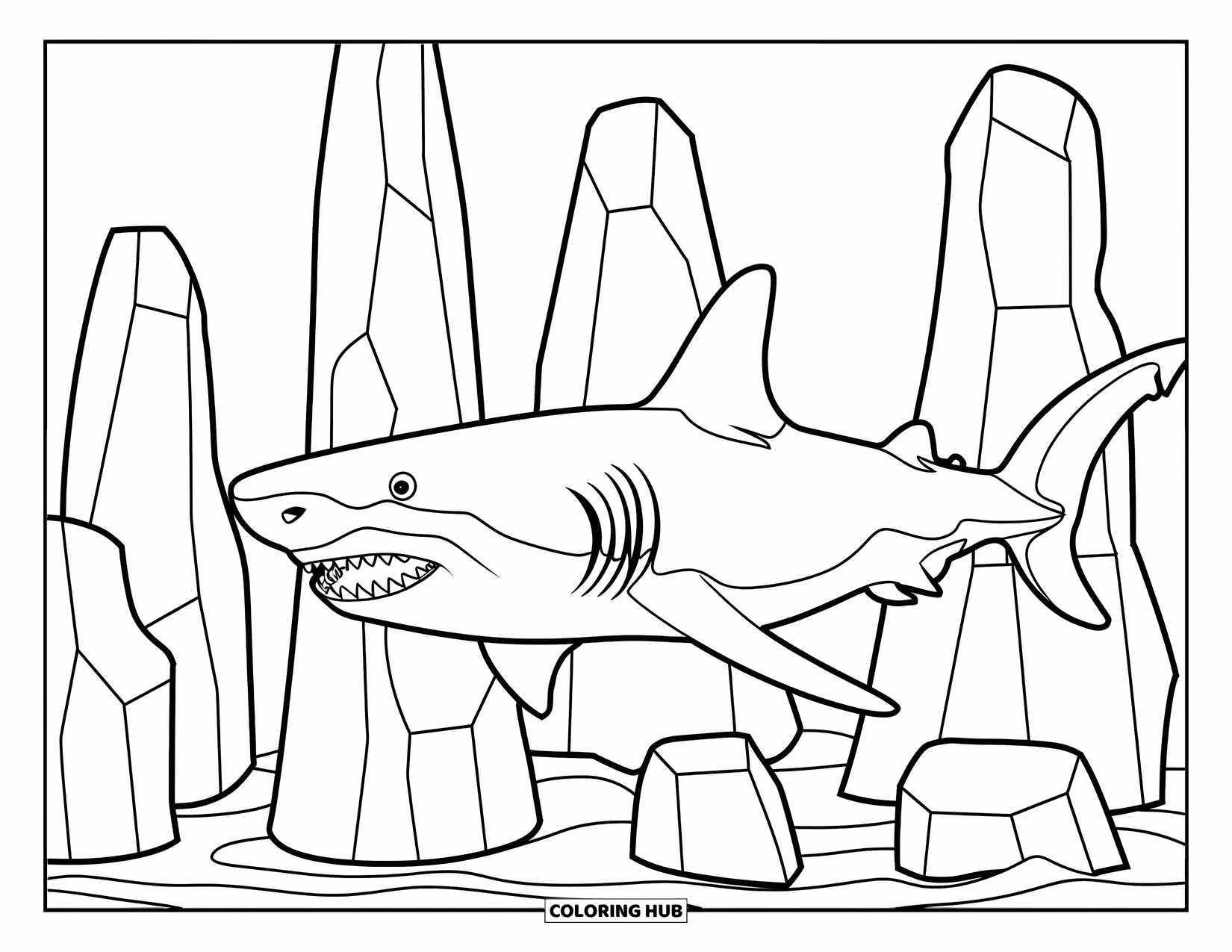 Megalodon Shark Coloring Page for Kids: The shark glides through water past large rocky shapes