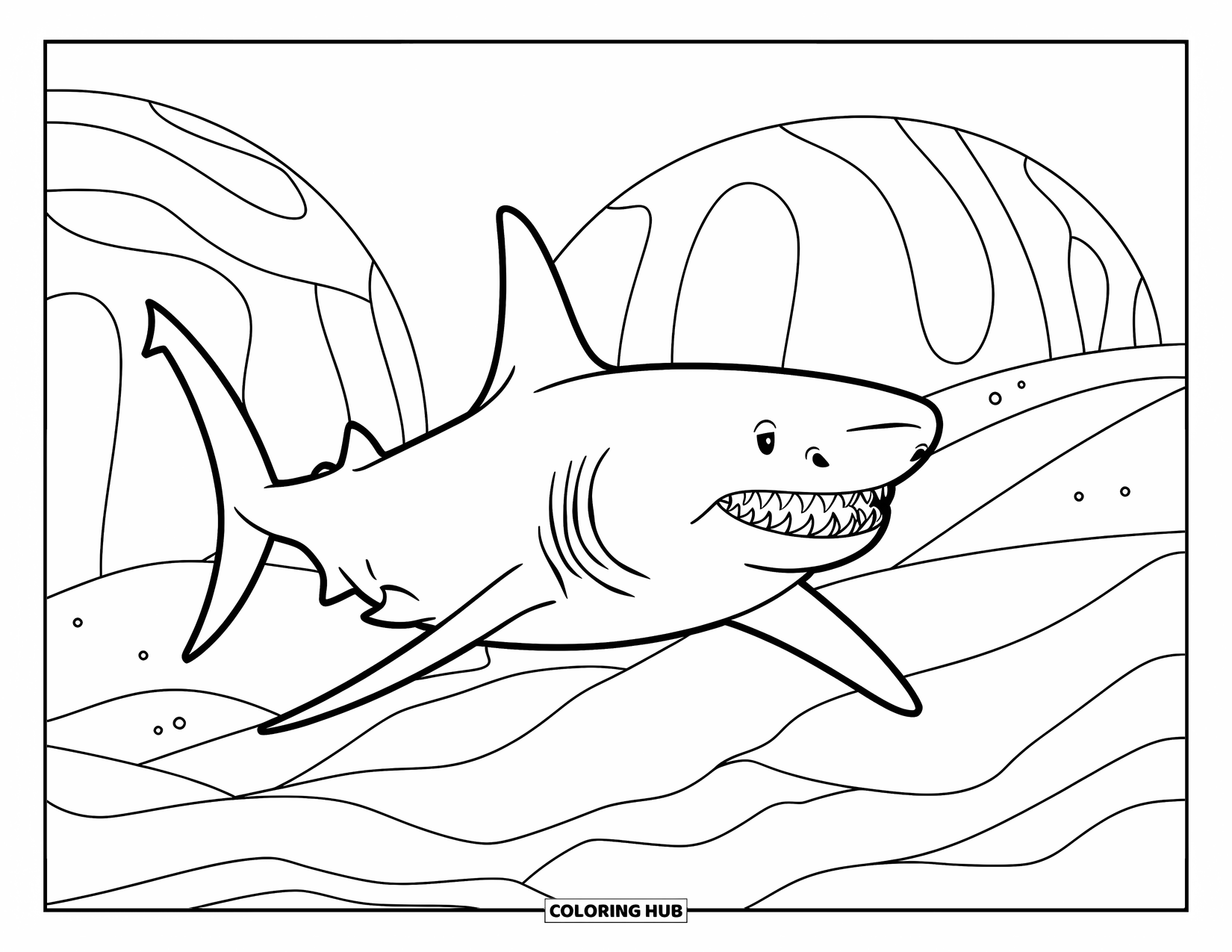 Megalodon Shark Coloring Page for Kids: The shark moves past scattered boulders and a sandy ocean floor