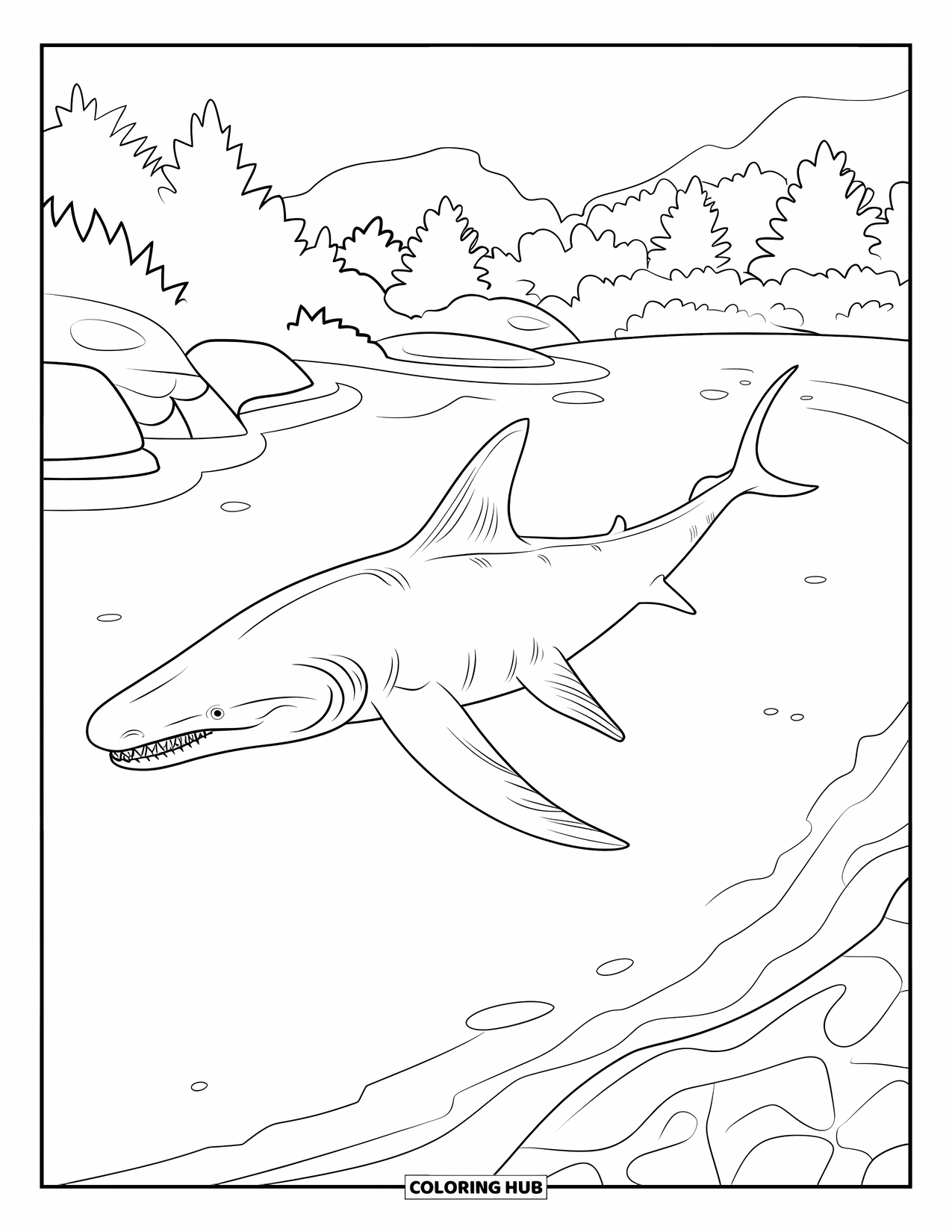Megalodon Shark Coloring Page for Kids: The shark swims beside rocks and trees in gentle waters