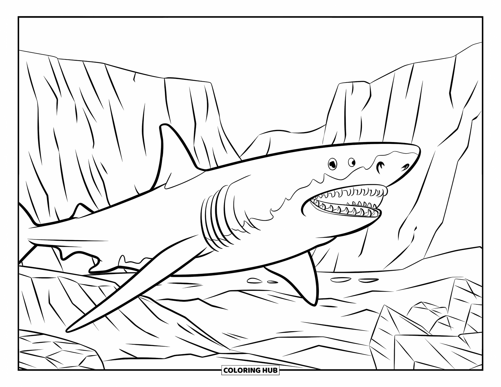 Megalodon Shark Coloring Page for Kids: The shark swims near jagged underwater cliffs with its mouth wide open