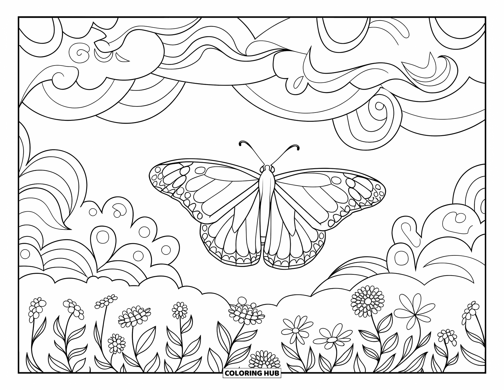 Monarch Butterfly Coloring Page for Adults: A butterfly glides across a sky of swirling clouds and soft wildflowers