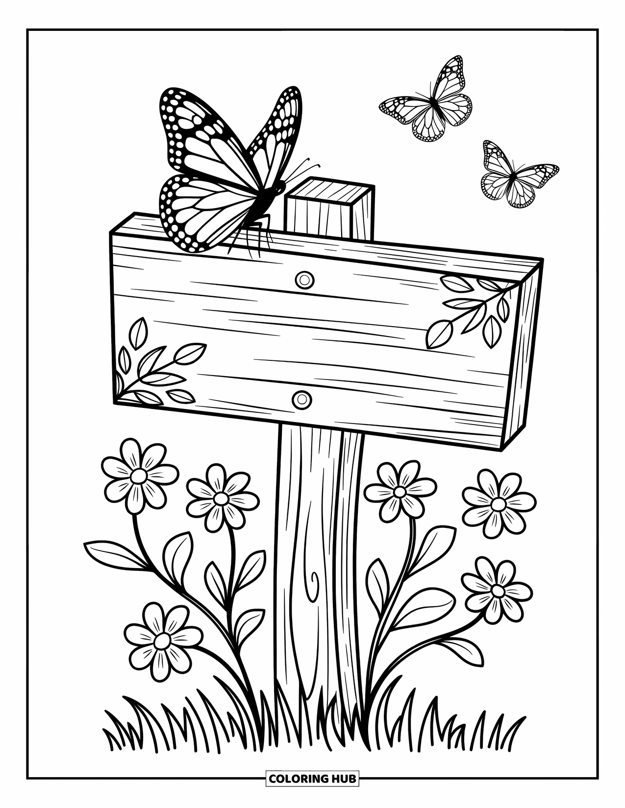 Monarch Butterfly Coloring Page for Adults: A butterfly rests atop a floral-covered wooden signpost with vines and mushrooms