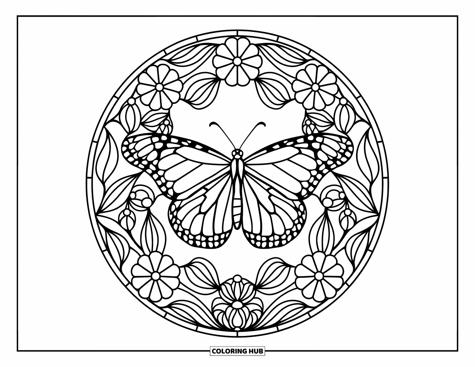 Monarch Butterfly Coloring Page for Adults: A butterfly rests inside a circle of stained glass flowers and leaves