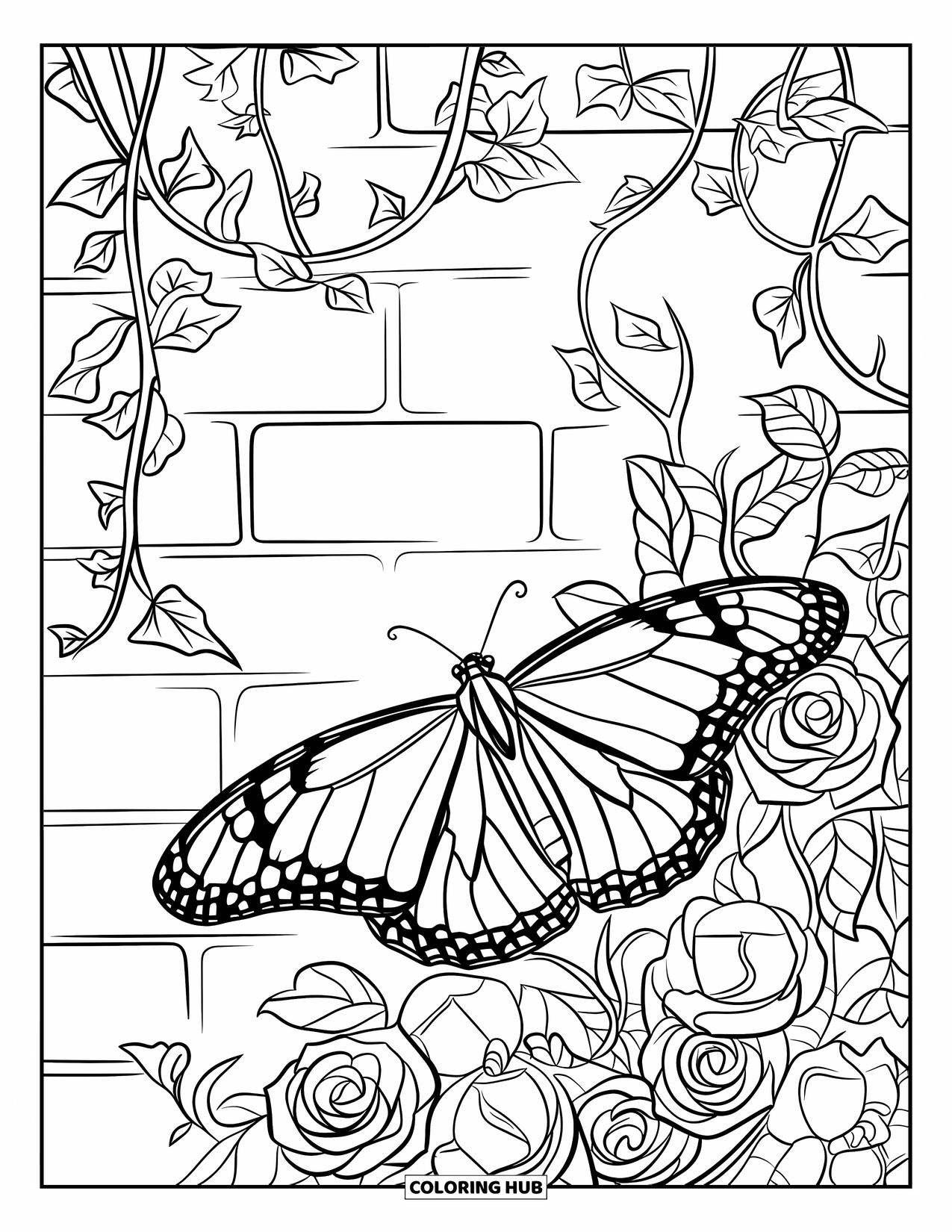 Monarch Butterfly Coloring Page for Adults: A butterfly rests on blooming roses and curling ivy with a brick wall behind