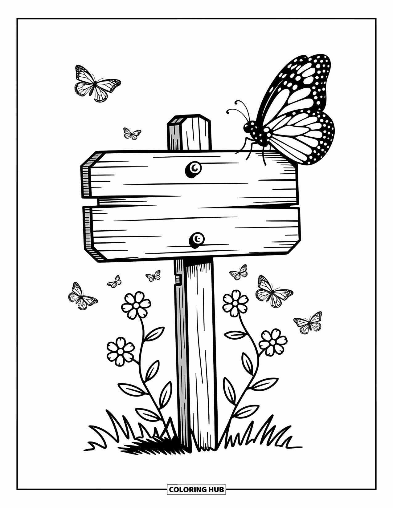 Monarch Butterfly Coloring Page for Adults: A cute monarch sits on a wooden sign wrapped in vines and tiny garden doodles