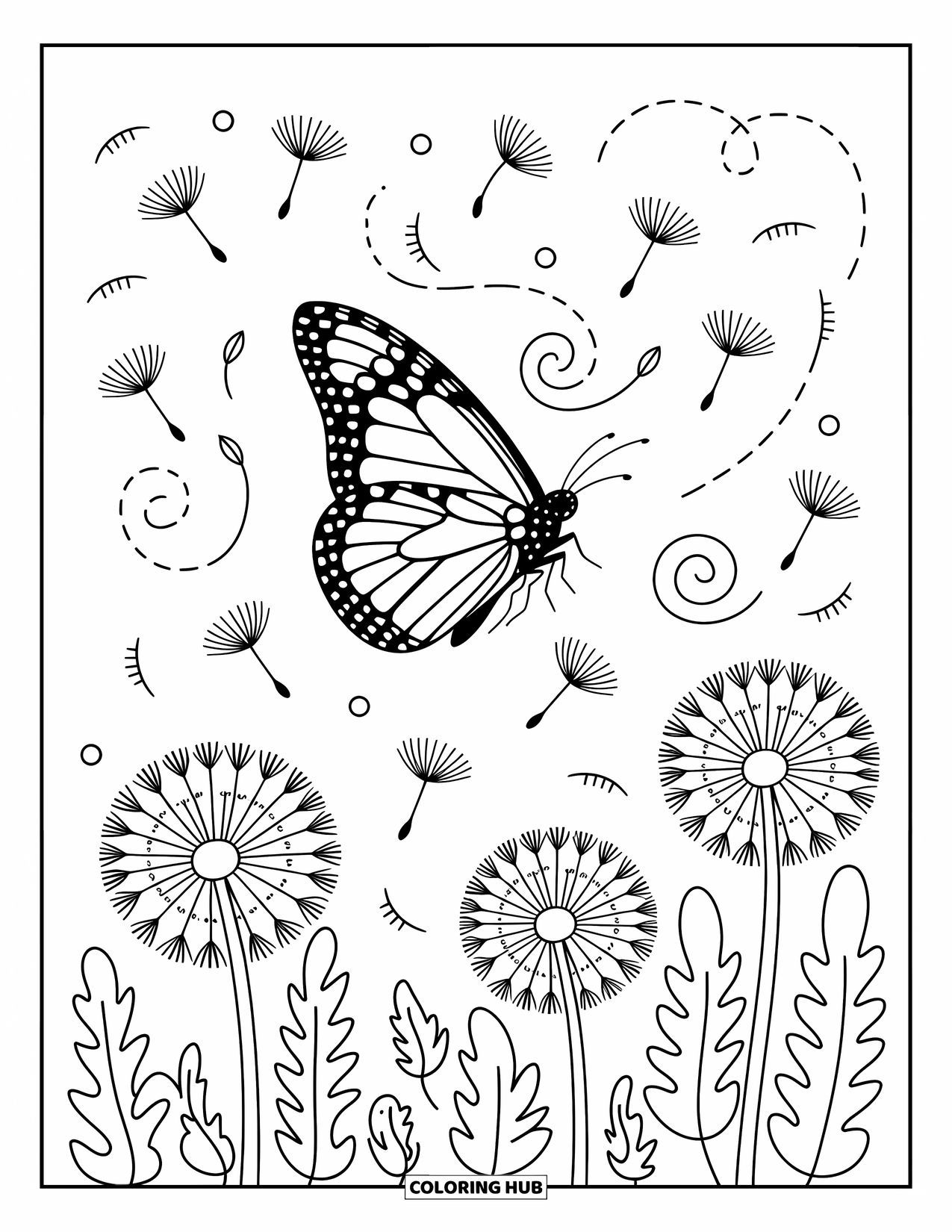 Monarch Butterfly Coloring Page for Adults: A lone butterfly drifts through dandelion seeds as they float softly in the breeze