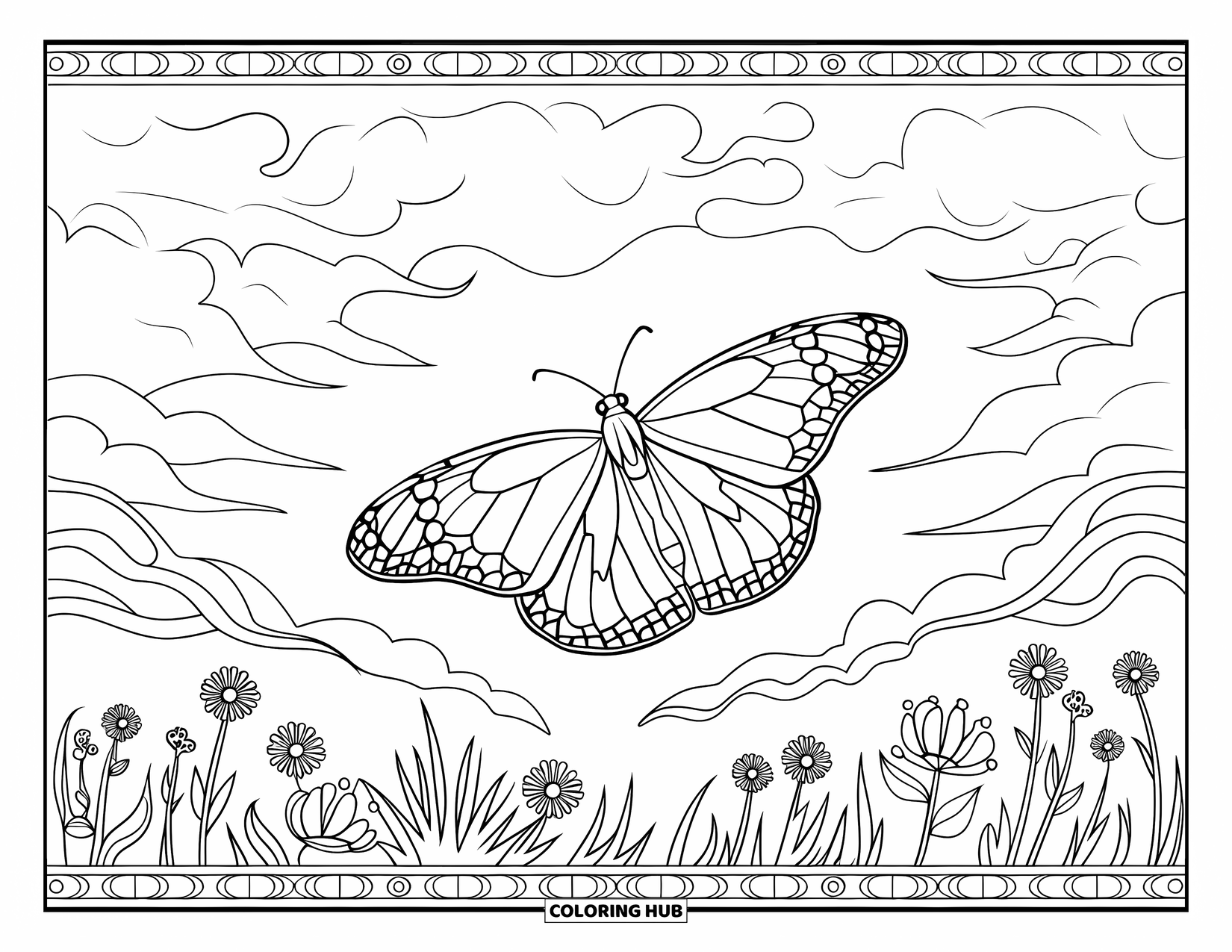 Monarch Butterfly Coloring Page for Adults: A monarch butterfly flutters through swirling clouds and blooming wildflowers
