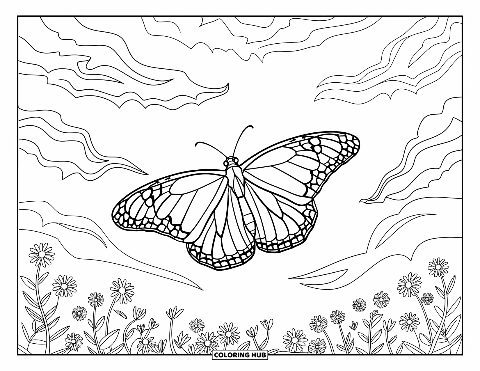 Monarch Butterfly Coloring Page for Adults: A monarch dances above clouds and flowers with a decorative border