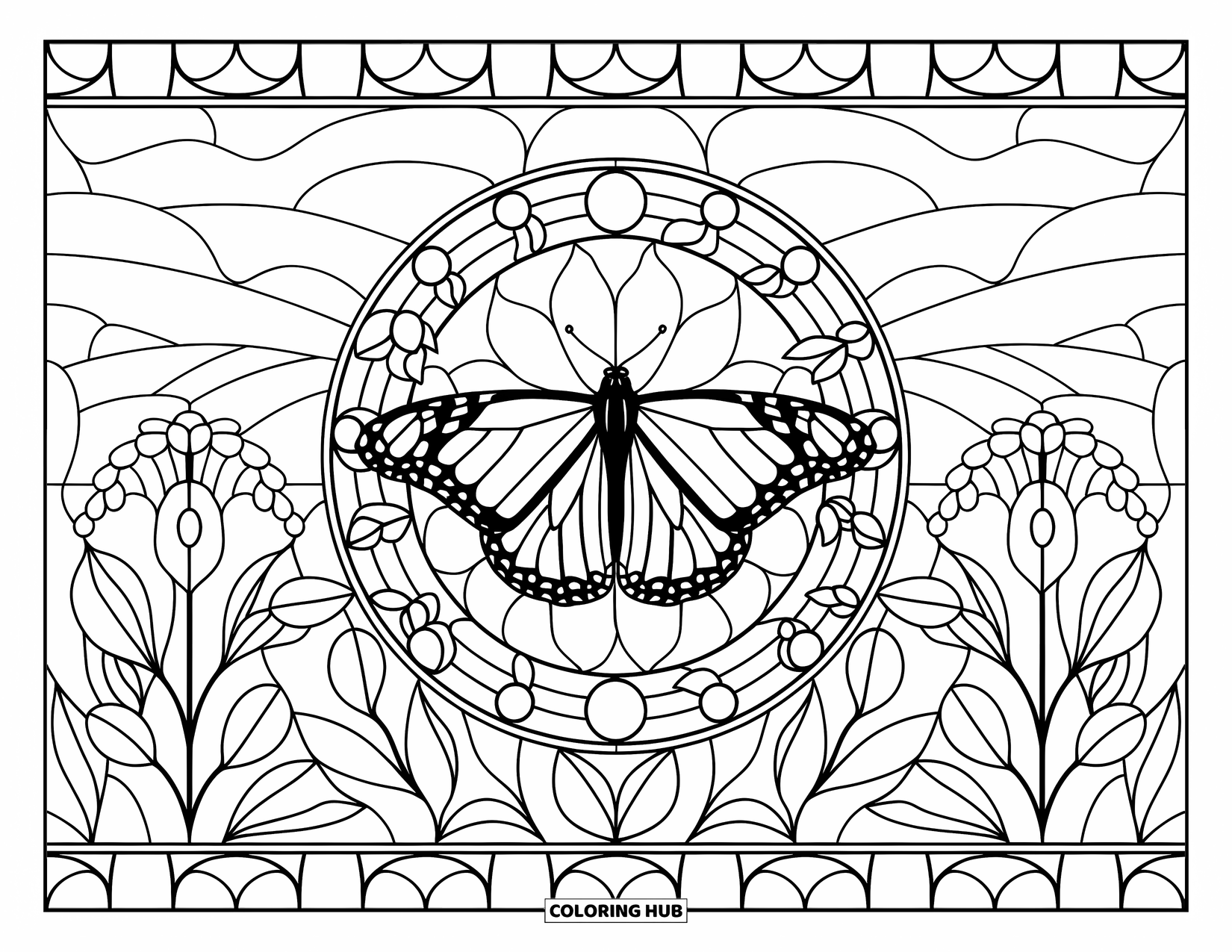 Monarch Butterfly Coloring Page for Adults: A monarch perches on a twig among stained glass flowers and rolling hills