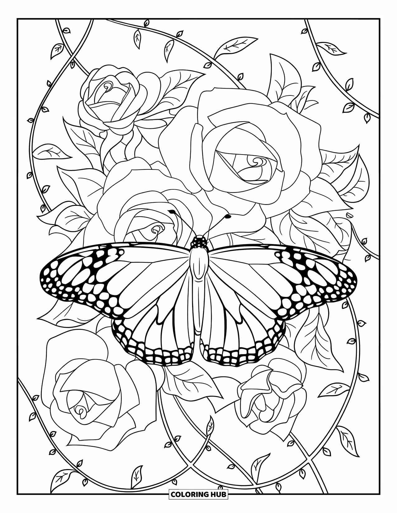 Monarch Butterfly Coloring Page for Adults: A monarch spreads its wings atop wild roses and winding ivy vines