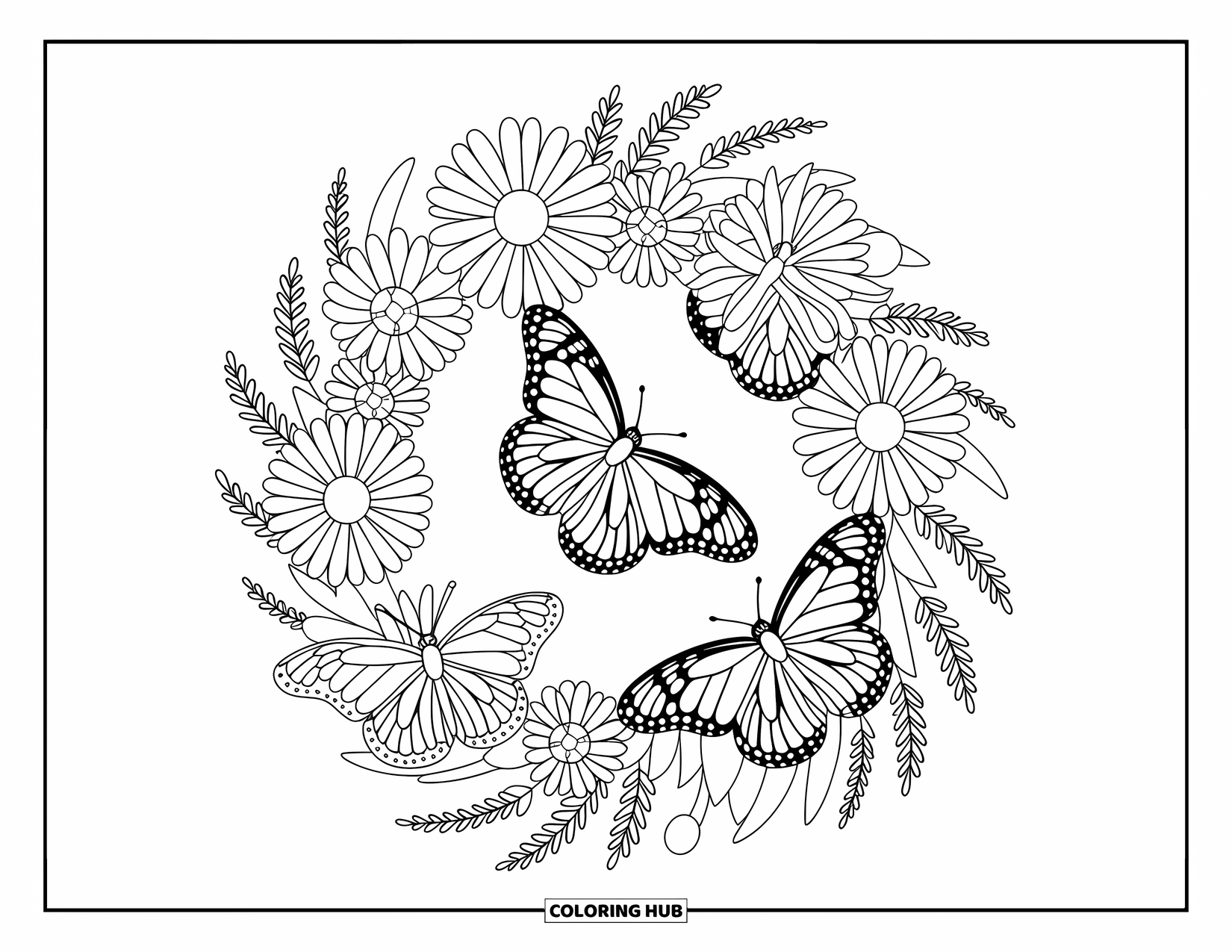 Monarch Butterfly Coloring Page for Adults: A trio of butterflies explore a wreath of daisies, lavender, and cherry blossoms