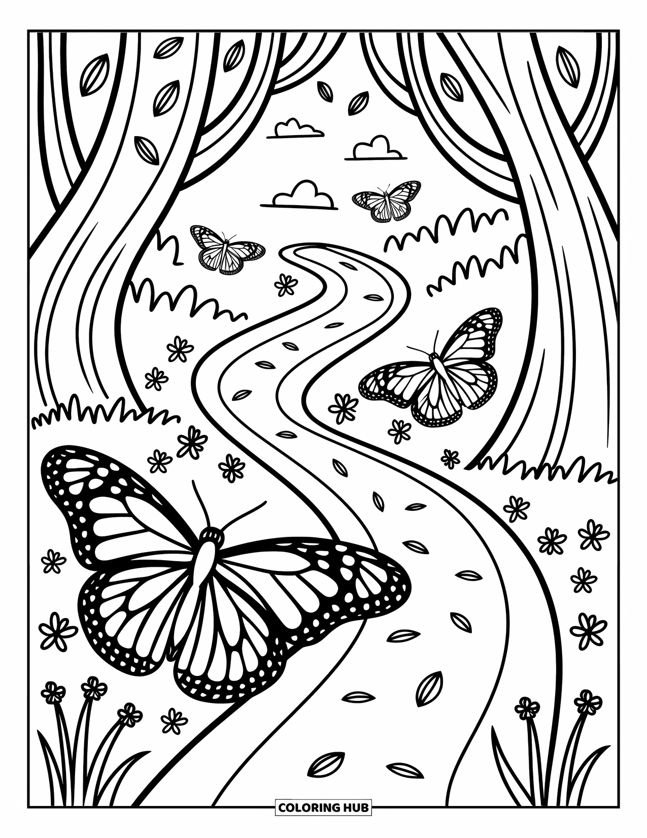 Monarch Butterfly Coloring Page for Adults: Butterflies glide through a forest path filled with flowers, leaves, and gentle curves