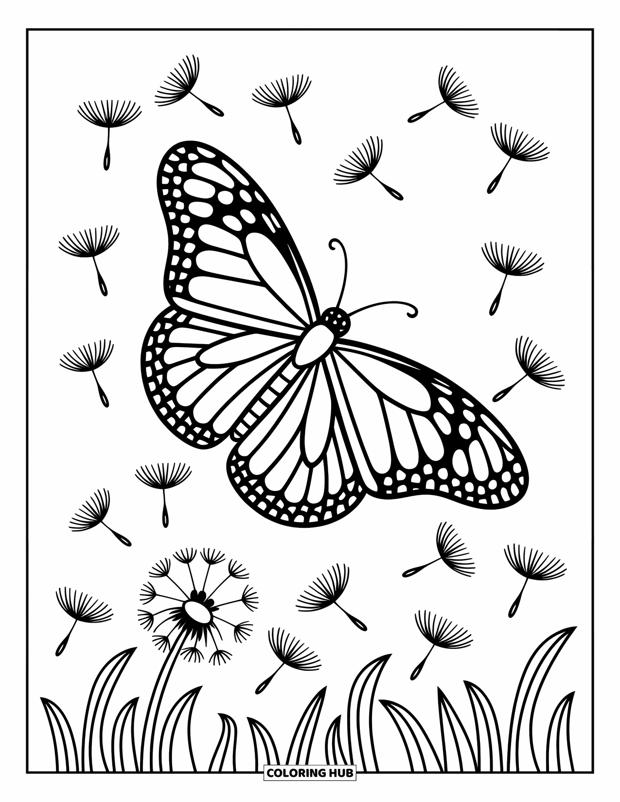 Monarch Butterfly Coloring Page for Adults: Dandelion seeds swirl gently as a butterfly glides through the air