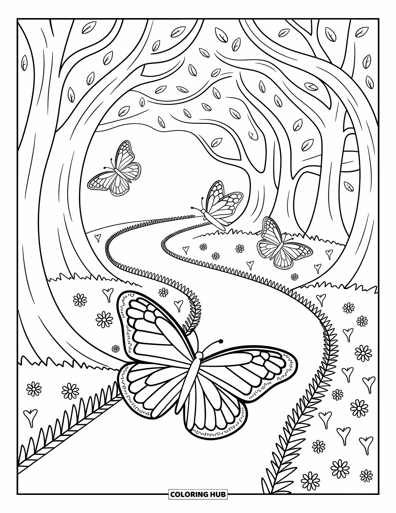 Monarch Butterfly Coloring Page for Adults: Monarchs flutter along a forest trail lined with flowers and softly curved trees