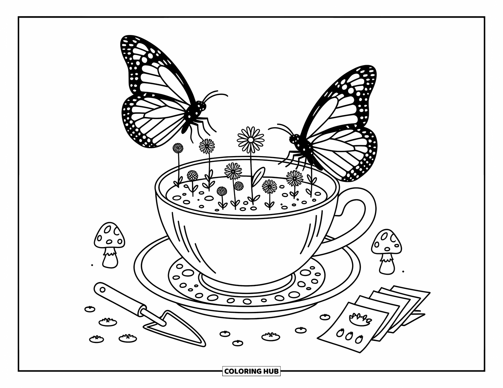 Monarch Butterfly Coloring Page for Adults: Two butterflies glide near a wildflower teacup surrounded by mushrooms and garden tools