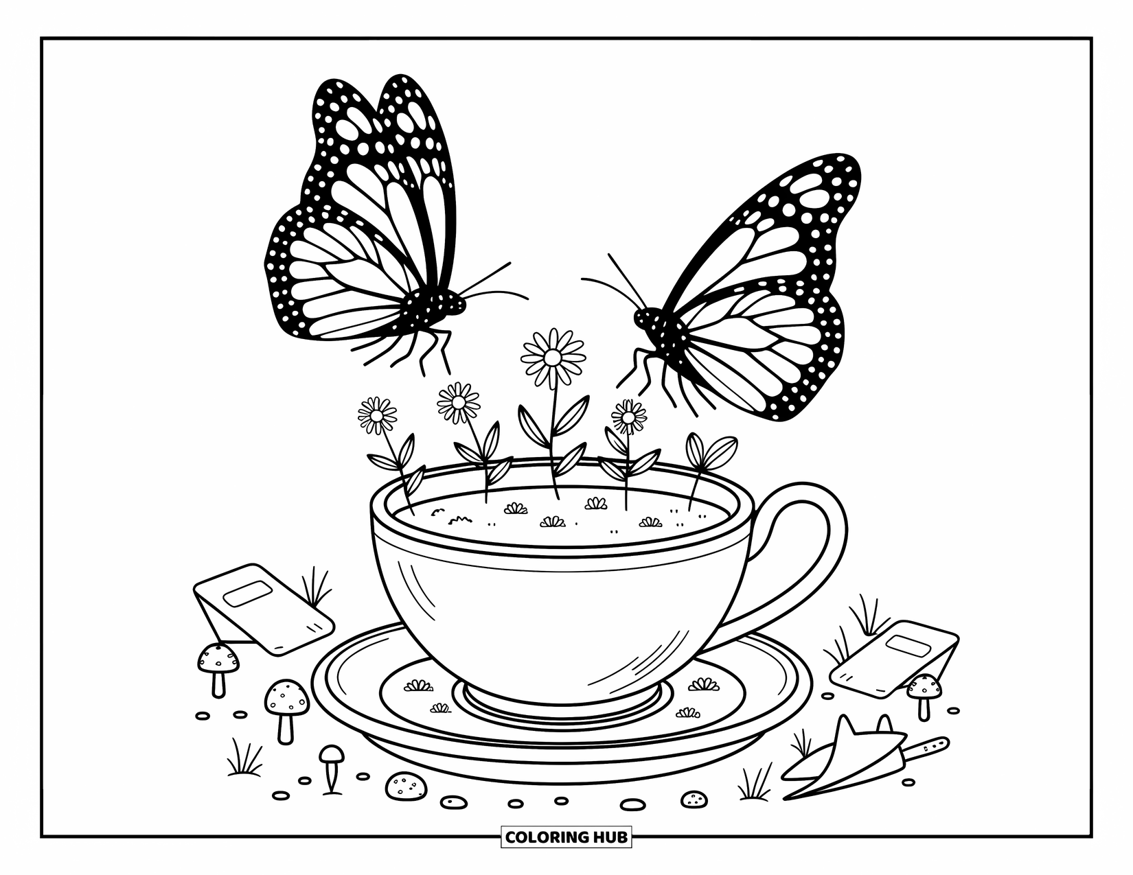 Monarch Butterfly Coloring Page for Adults: Two butterflies hover above a flower-filled teacup with mushrooms and a garden trowel nearby
