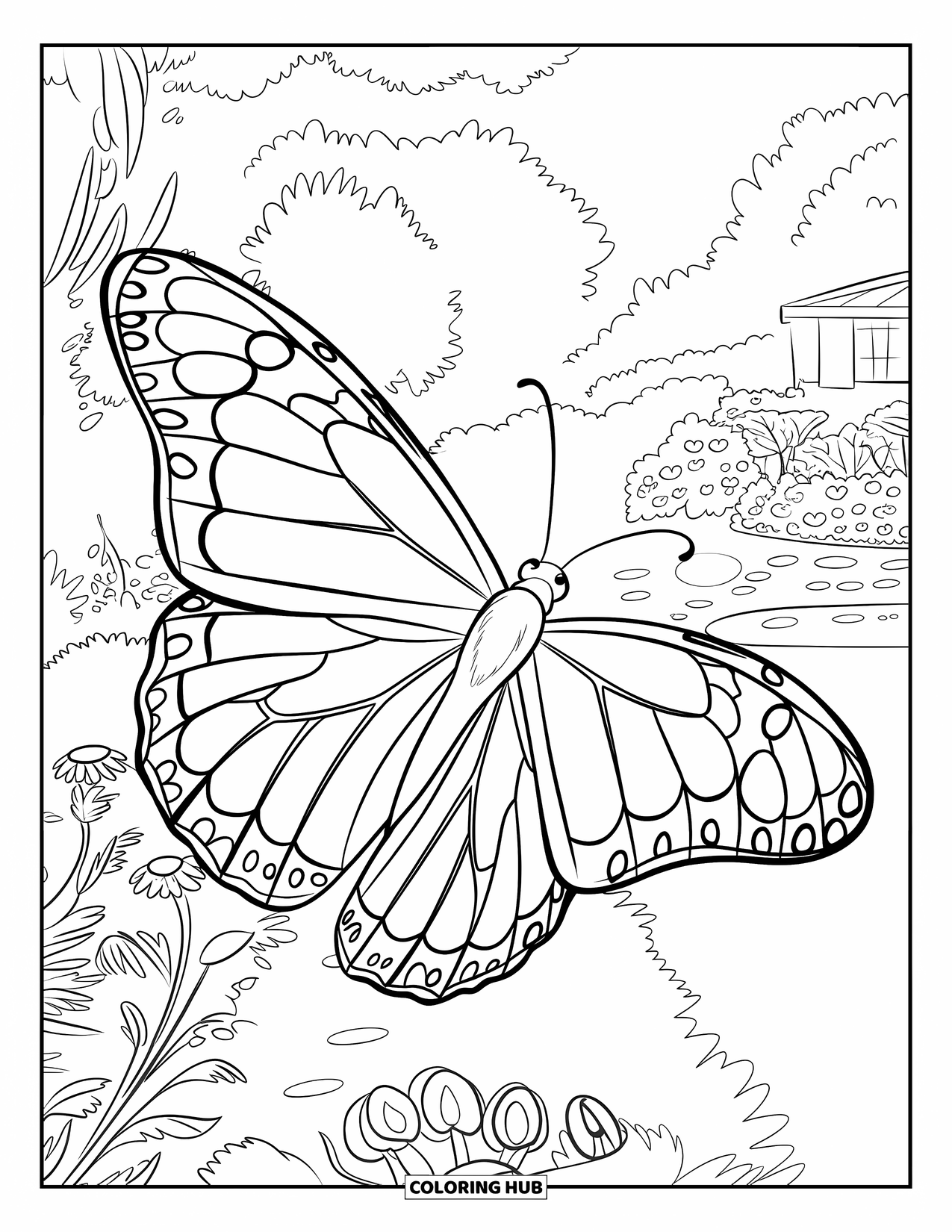 Monarch Butterfly Coloring Page for Kids: A butterfly flies over a bright garden with flowers and greenery