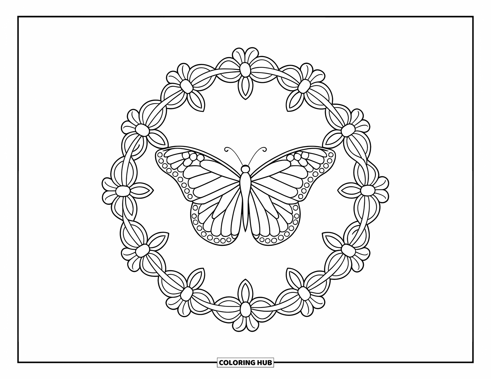 Monarch Butterfly Coloring Page for Kids: A butterfly floats in a circle of repeating flower shapes