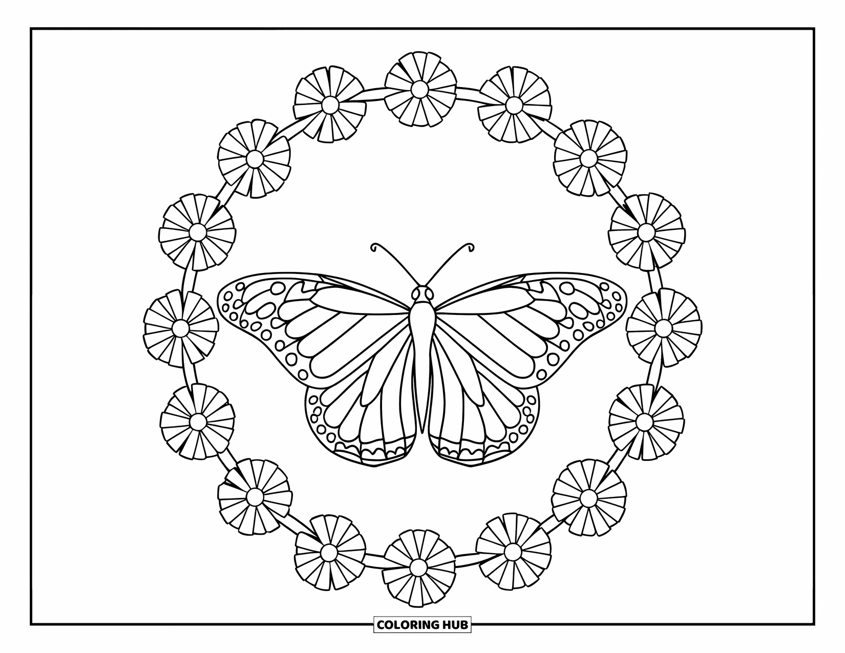 Monarch Butterfly Coloring Page for Kids: A butterfly perches on a branch inside a ring of flowers