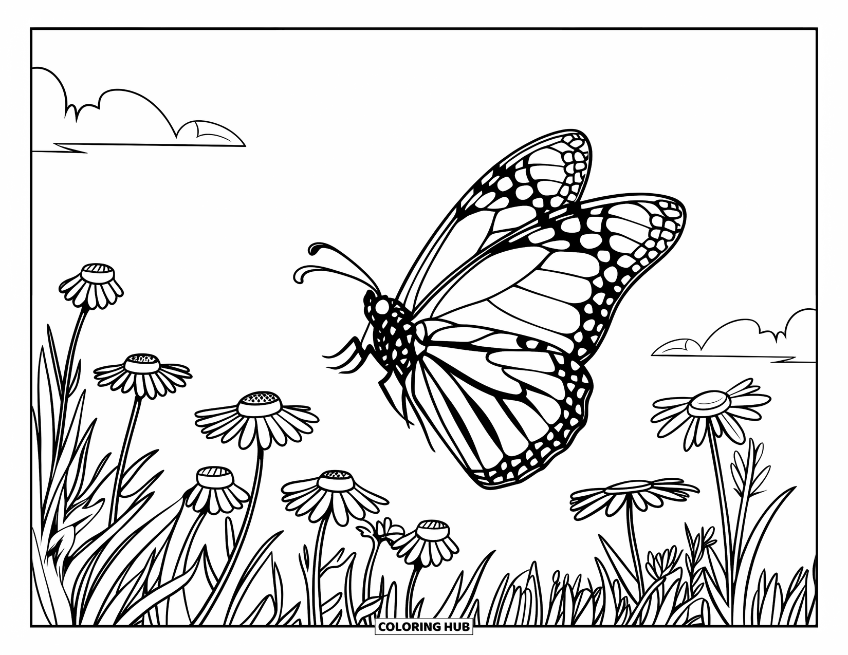 Monarch Butterfly Coloring Page for Kids: A monarch butterfly flies through a field of tall grass and wildflowers