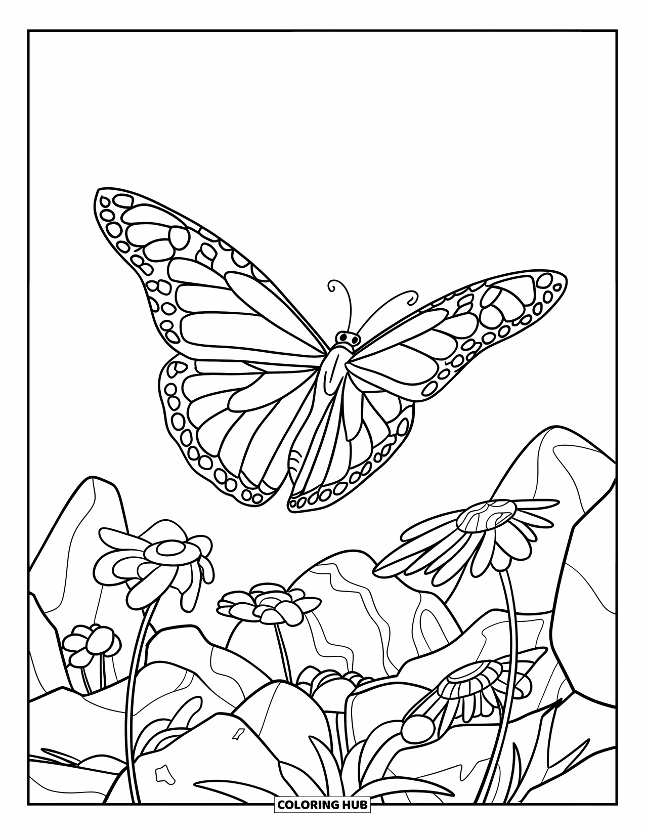 Monarch Butterfly Coloring Page for Kids: A monarch flaps its wings above flowers blooming in rocky soil