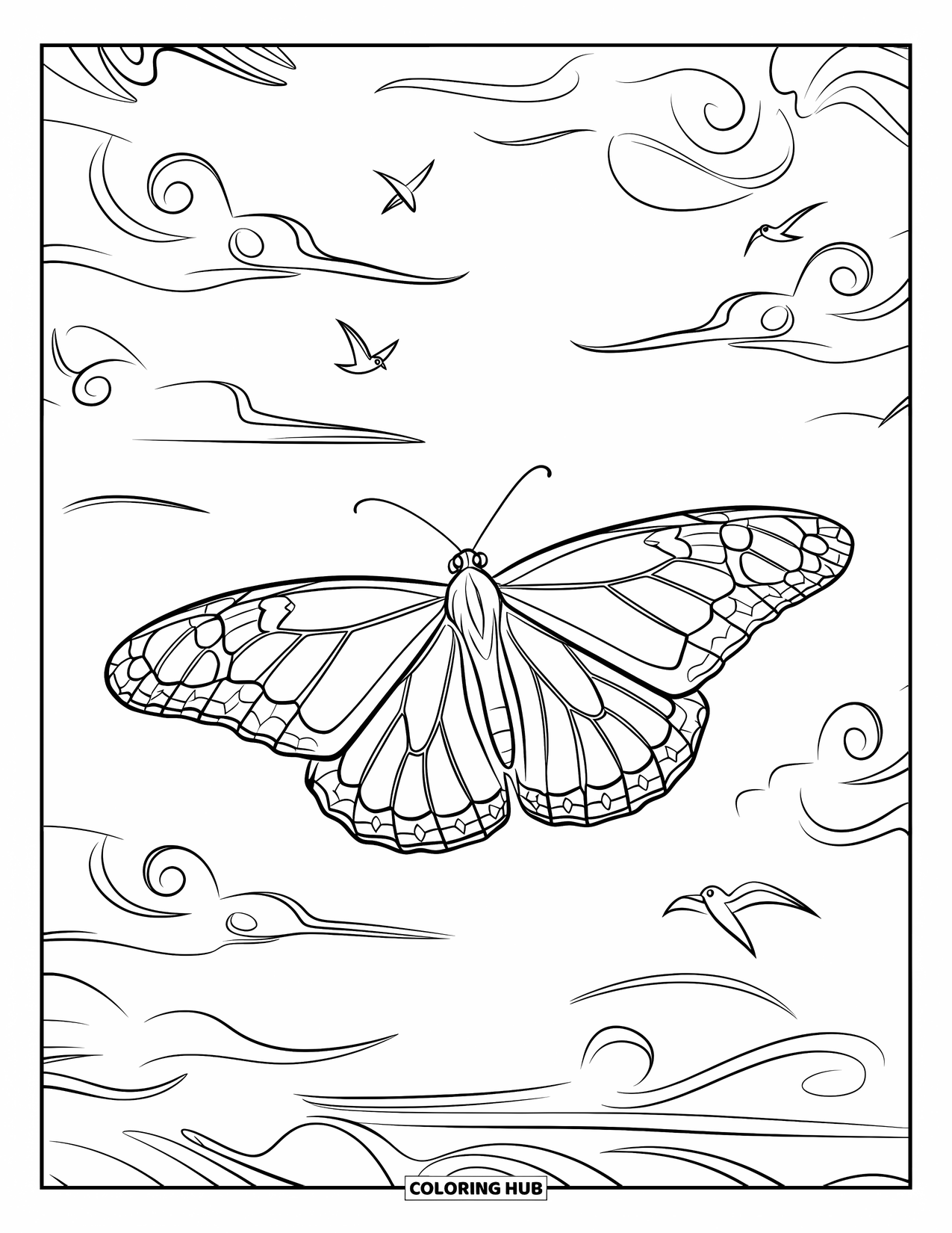 Monarch Butterfly Coloring Page for Kids: A monarch glides through the air surrounded by birds and soft clouds