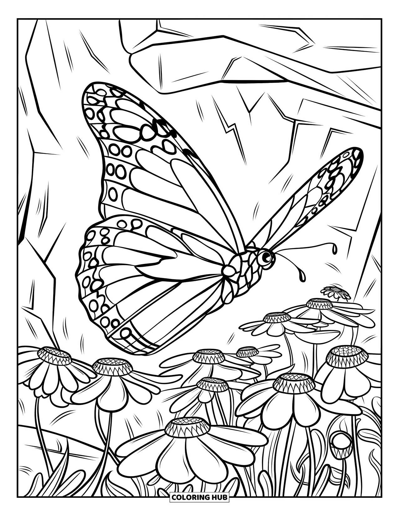 Monarch Butterfly Coloring Page for Kids: A monarch hovers above wildflowers blooming in rocky terrain