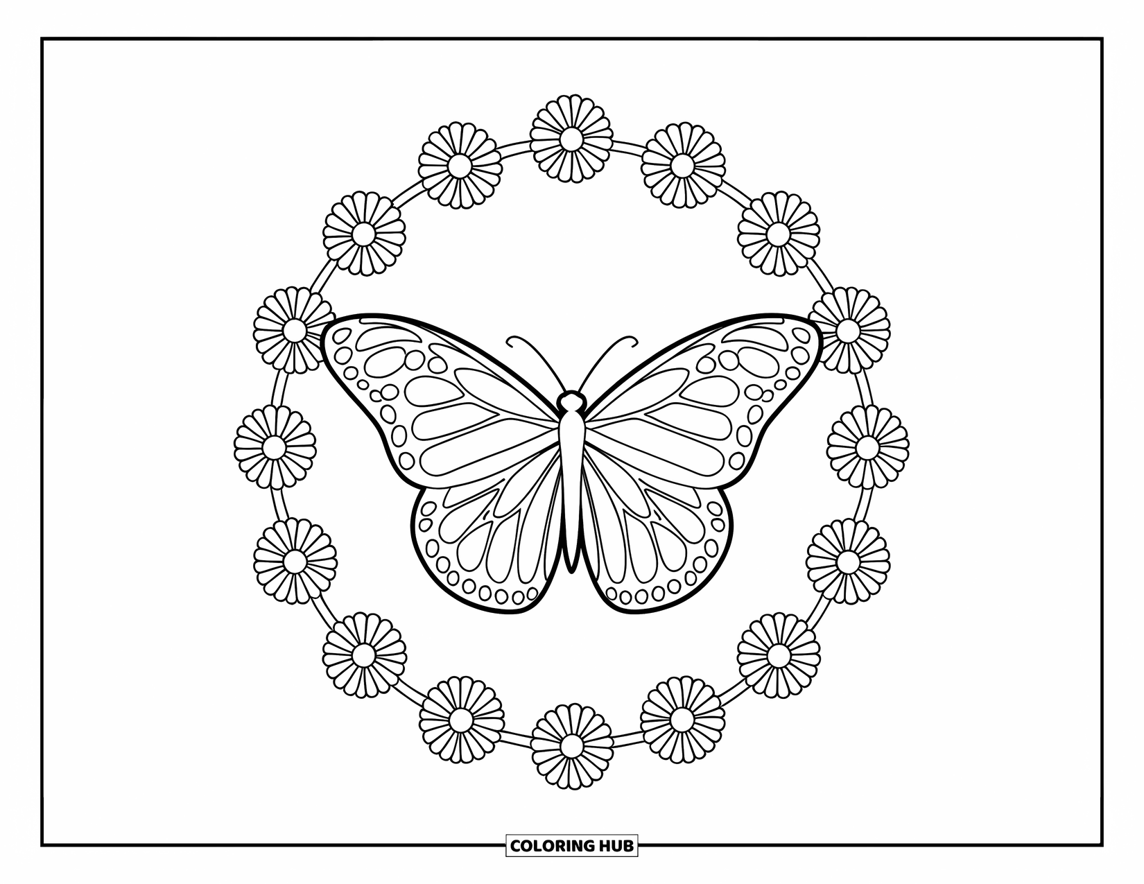 Monarch Butterfly Coloring Page for Kids: A monarch is framed by a floral ring with gentle petals