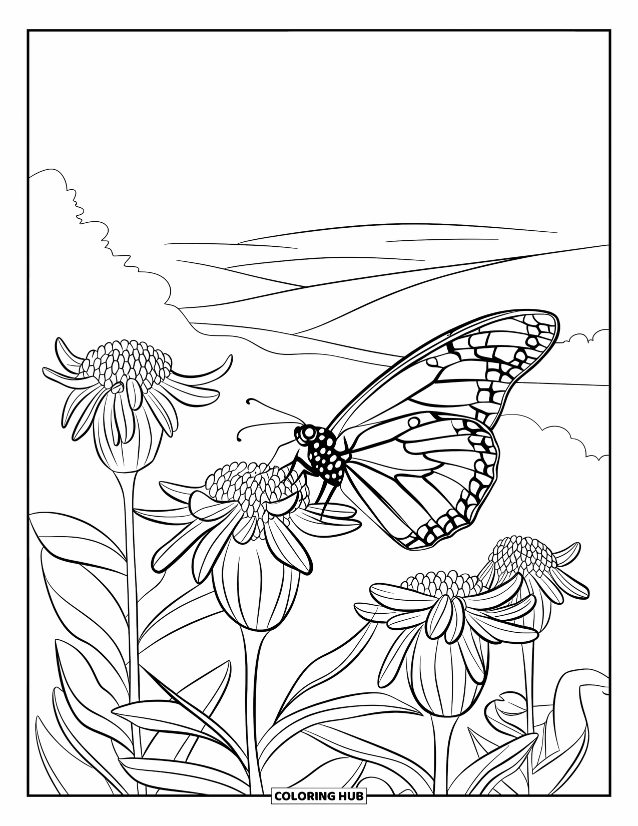 Monarch Butterfly Coloring Page for Kids: A monarch lands gently on a blooming flower in a quiet garden