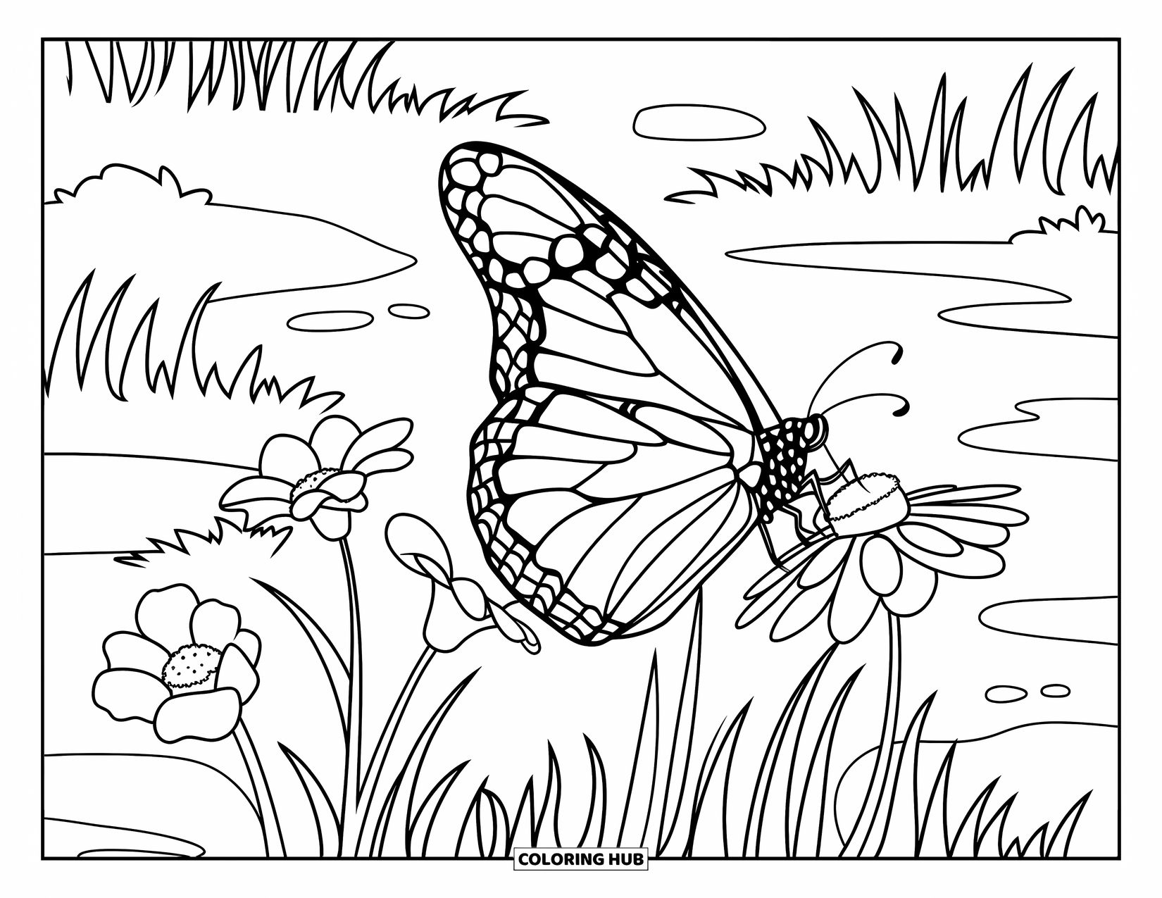 Monarch Butterfly Coloring Page for Kids: A monarch perches on a flower surrounded by soft grass patches