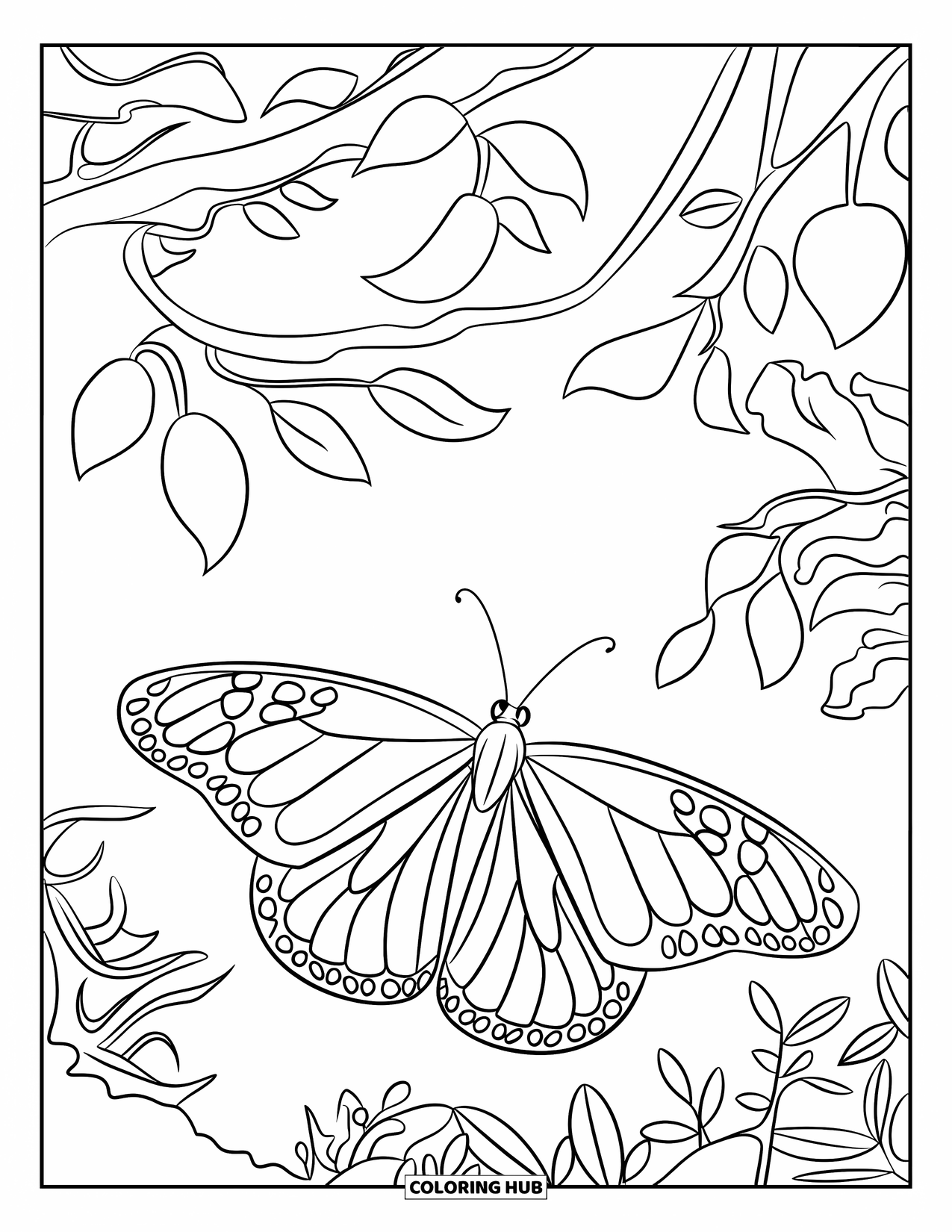 Monarch Butterfly Coloring Page for Kids: A monarch rests on a branch with tiny leaf patterns around it