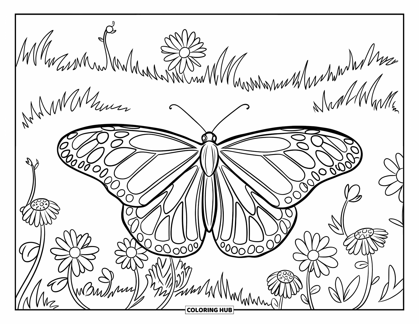 Monarch Butterfly Coloring Page for Kids: A monarch rests on a flower surrounded by grass and wild blooms