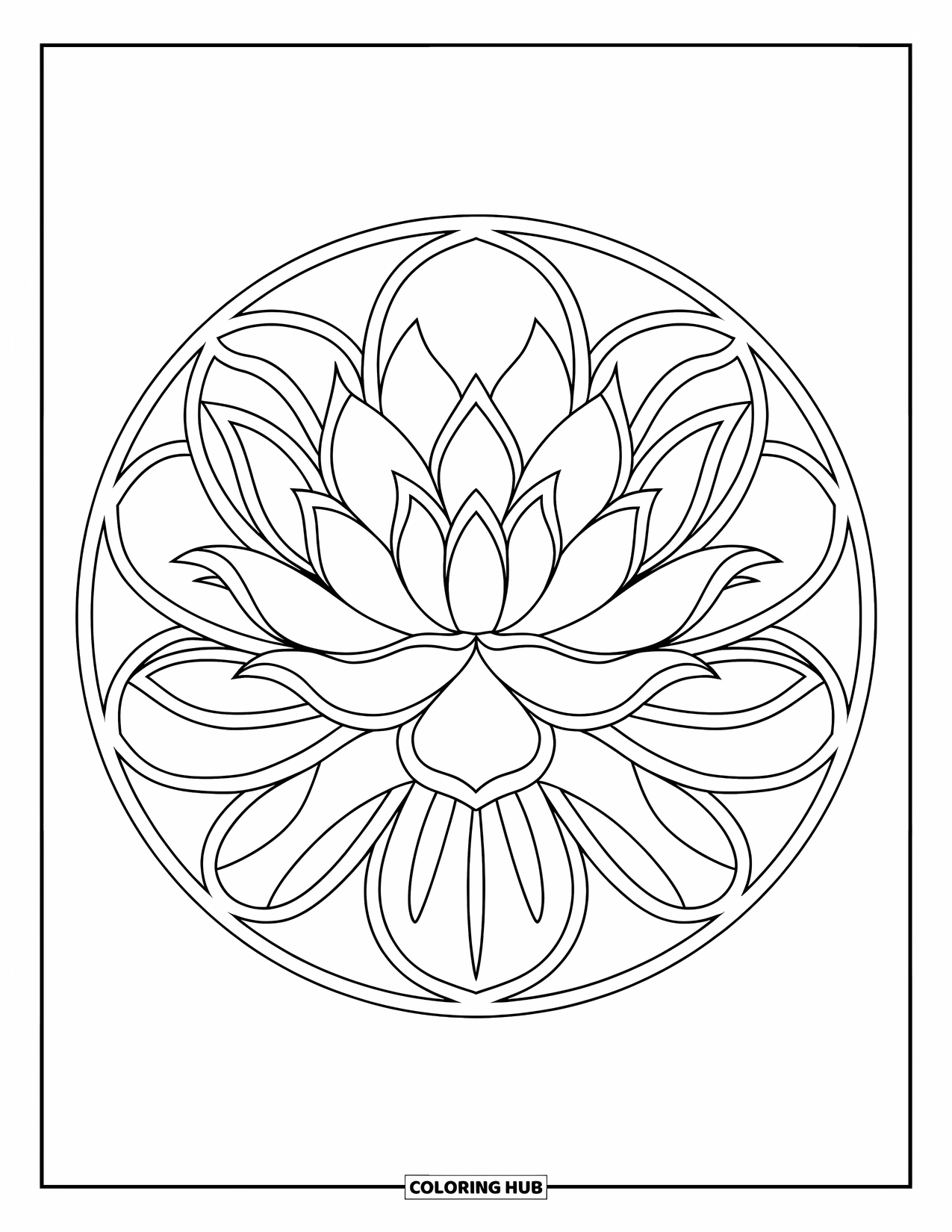 Mosaic Coloring Page for Adults: A blooming lotus flower with layered petals in a curved mosaic-style design