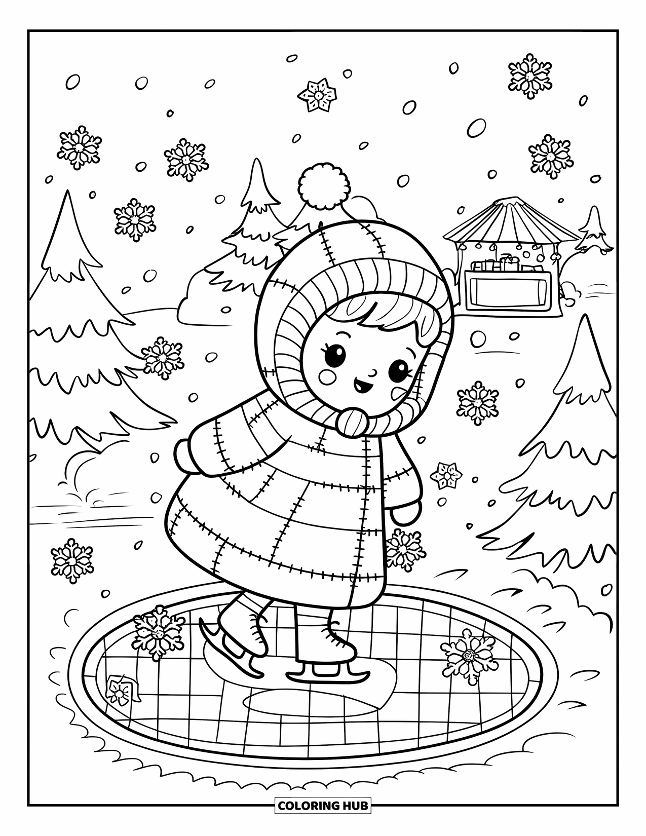 Mosaic Coloring Page for Adults: A bundled child ice skates on a mosaic pond near pine trees and snowflake tiles