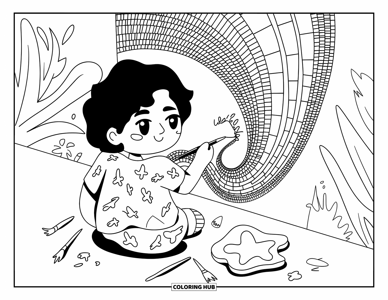 Mosaic Coloring Page for Adults: A chibi artist in a splattered shirt paints a rainbow mural with brushes at her feet