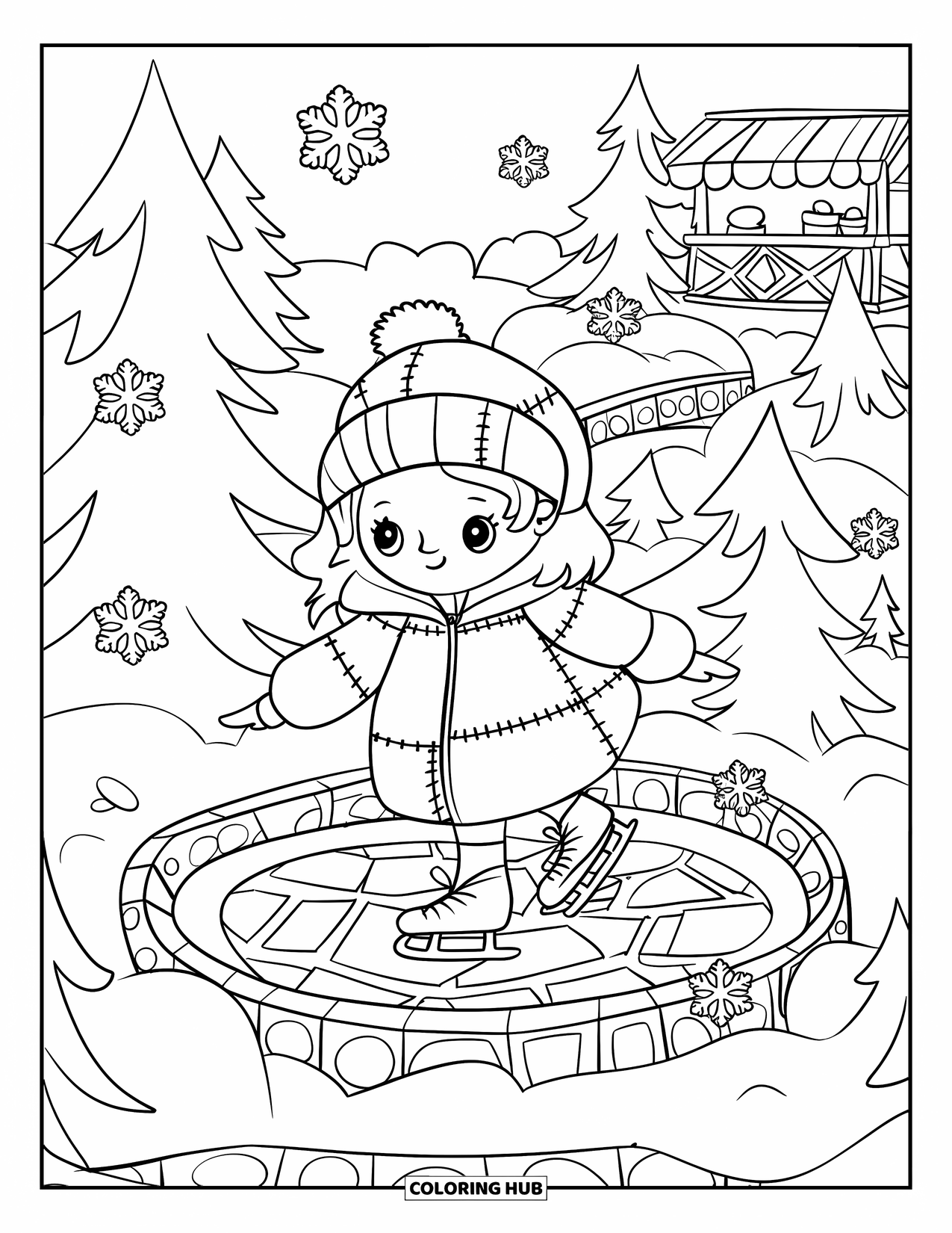Mosaic Coloring Page for Adults: A child in a patchwork coat skates near pine trees and a distant cocoa stand