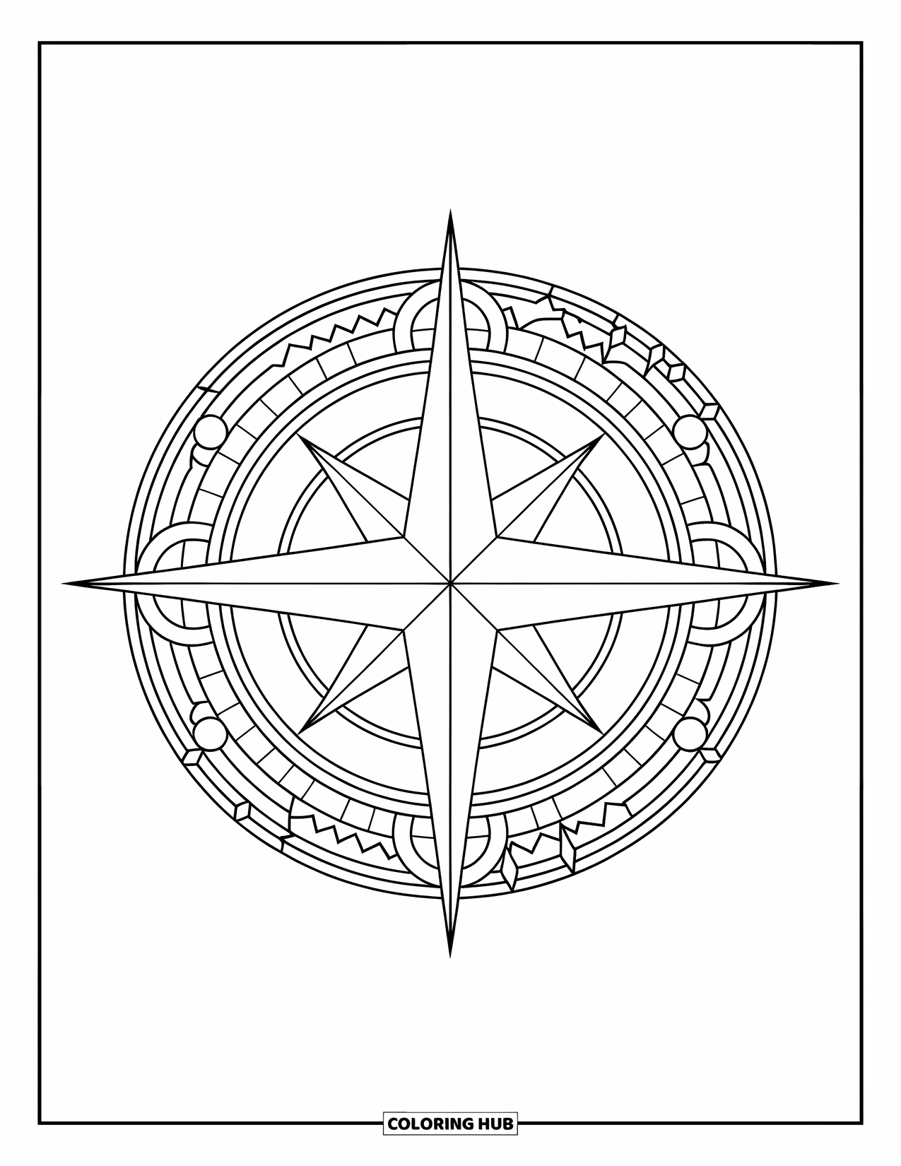 Mosaic Coloring Page for Adults: A compass rose with layered points and artistic mosaic-style patterns