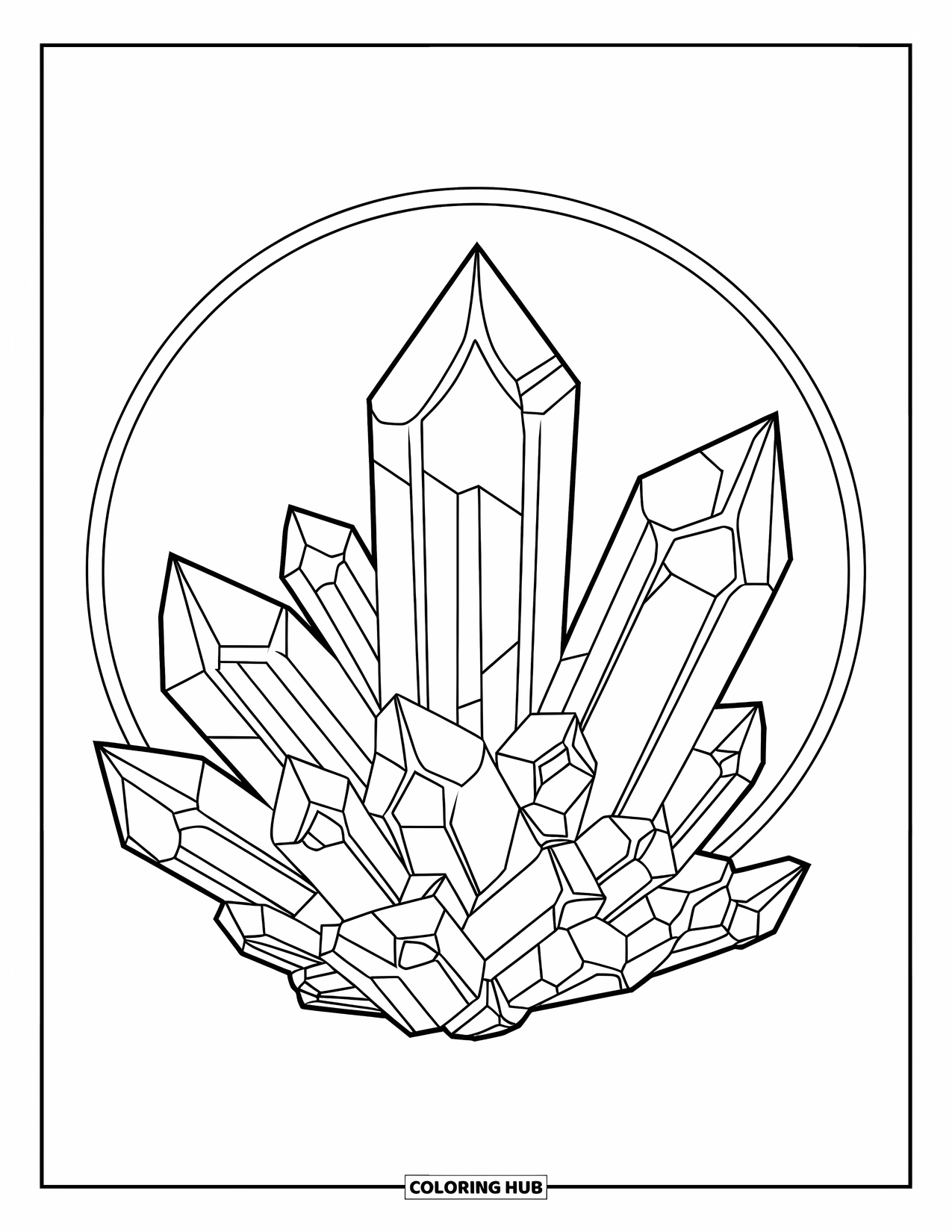 Mosaic Coloring Page for Adults: A crystal cluster with mosaic patterns framed in a circular design
