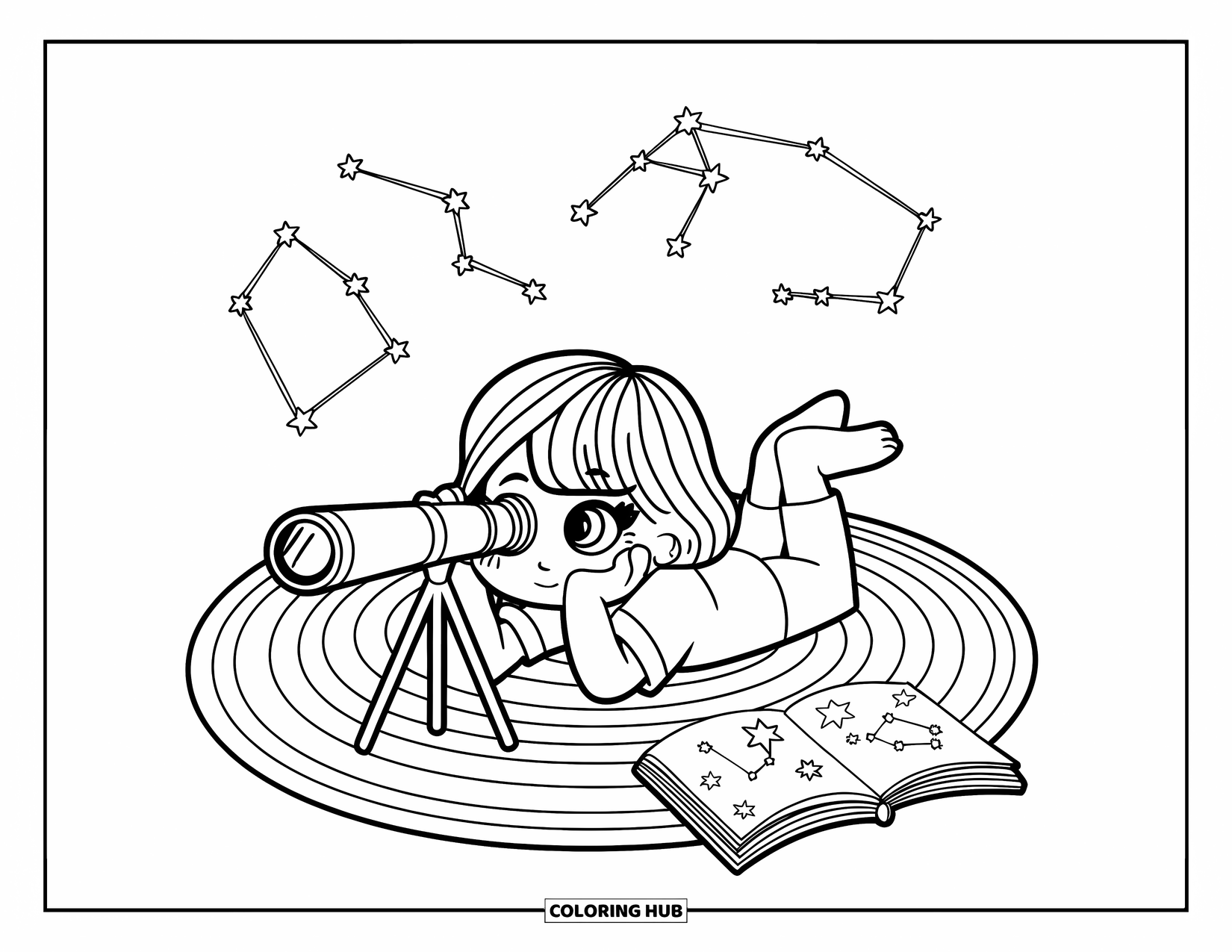 Mosaic Coloring Page for Adults: A cute dreamer watches constellations above her while resting on a patterned rug