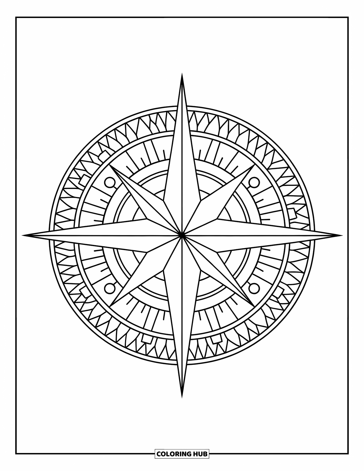 Mosaic Coloring Page for Adults: A detailed compass rose with layered points and a decorative border