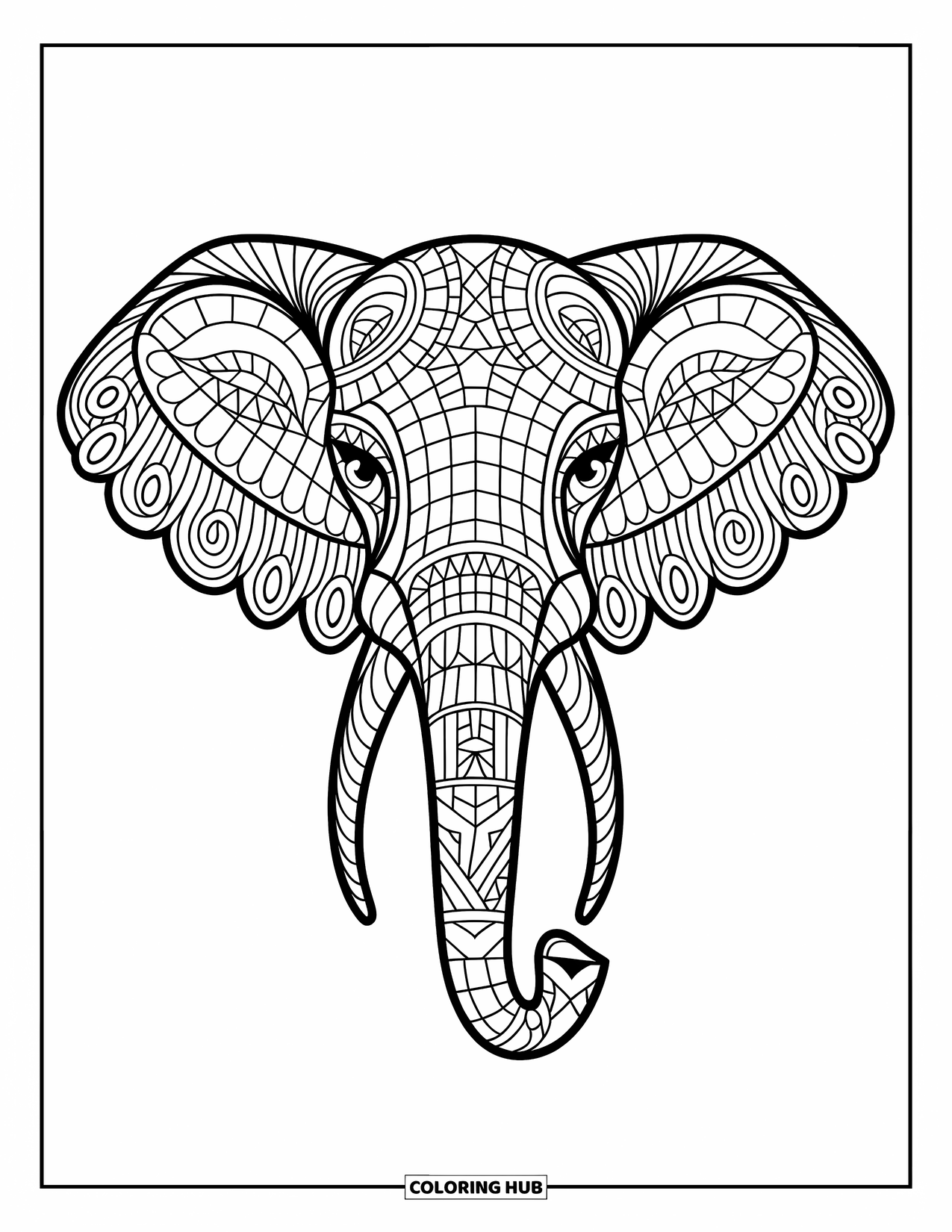Mosaic Coloring Page for Adults: A detailed elephant head filled with small artistic squares and unique patterns