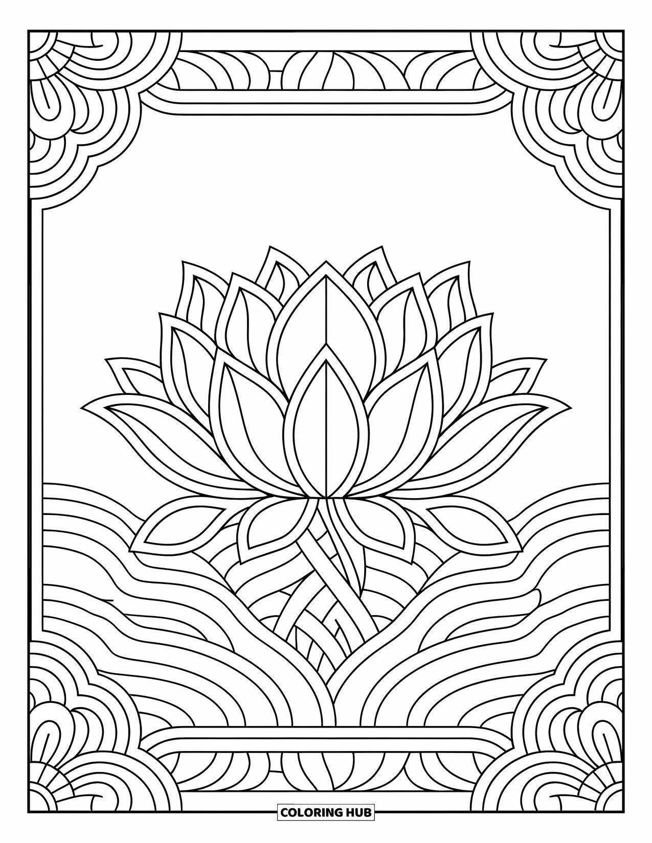 Mosaic Coloring Page for Adults: A detailed lotus flower with curved petal tiles and a decorative border around it