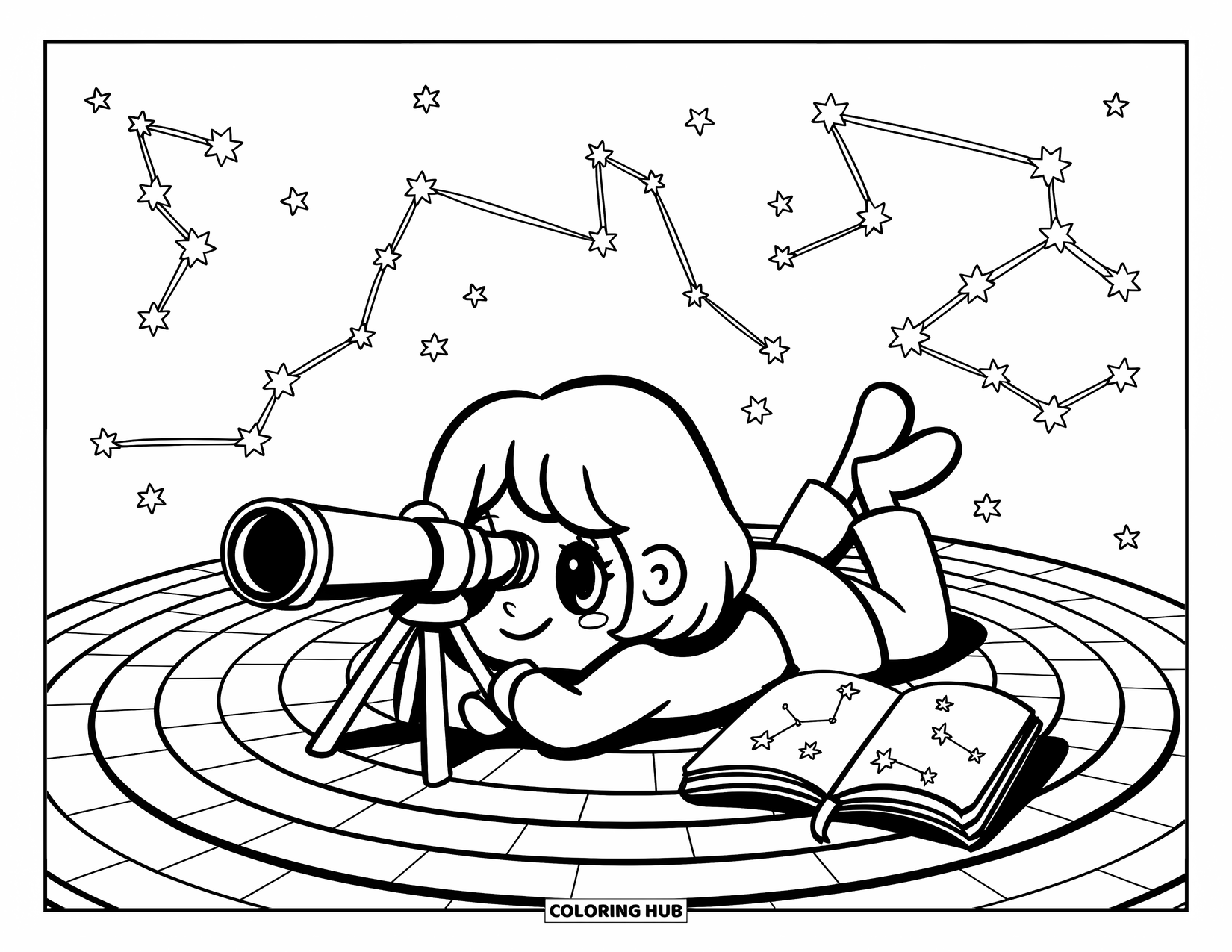 Mosaic Coloring Page for Adults: A dreamy little stargazer lies on a rug with an open sketchbook beside her