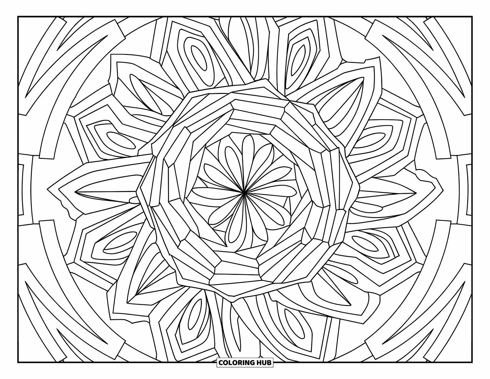 Mosaic Coloring Page for Adults: A geometric mandala with sharp symmetry and artistic mosaic-style patterns