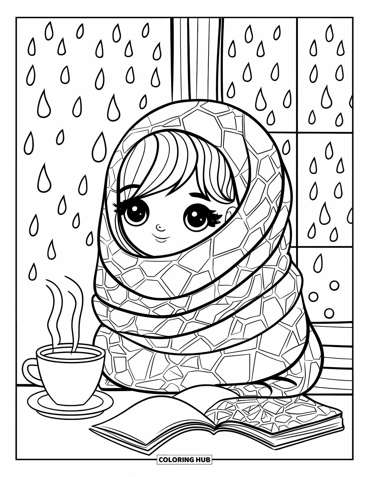 Mosaic Coloring Page for Adults: A girl wrapped in a scarf relaxes by the window as tile-shaped raindrops fall