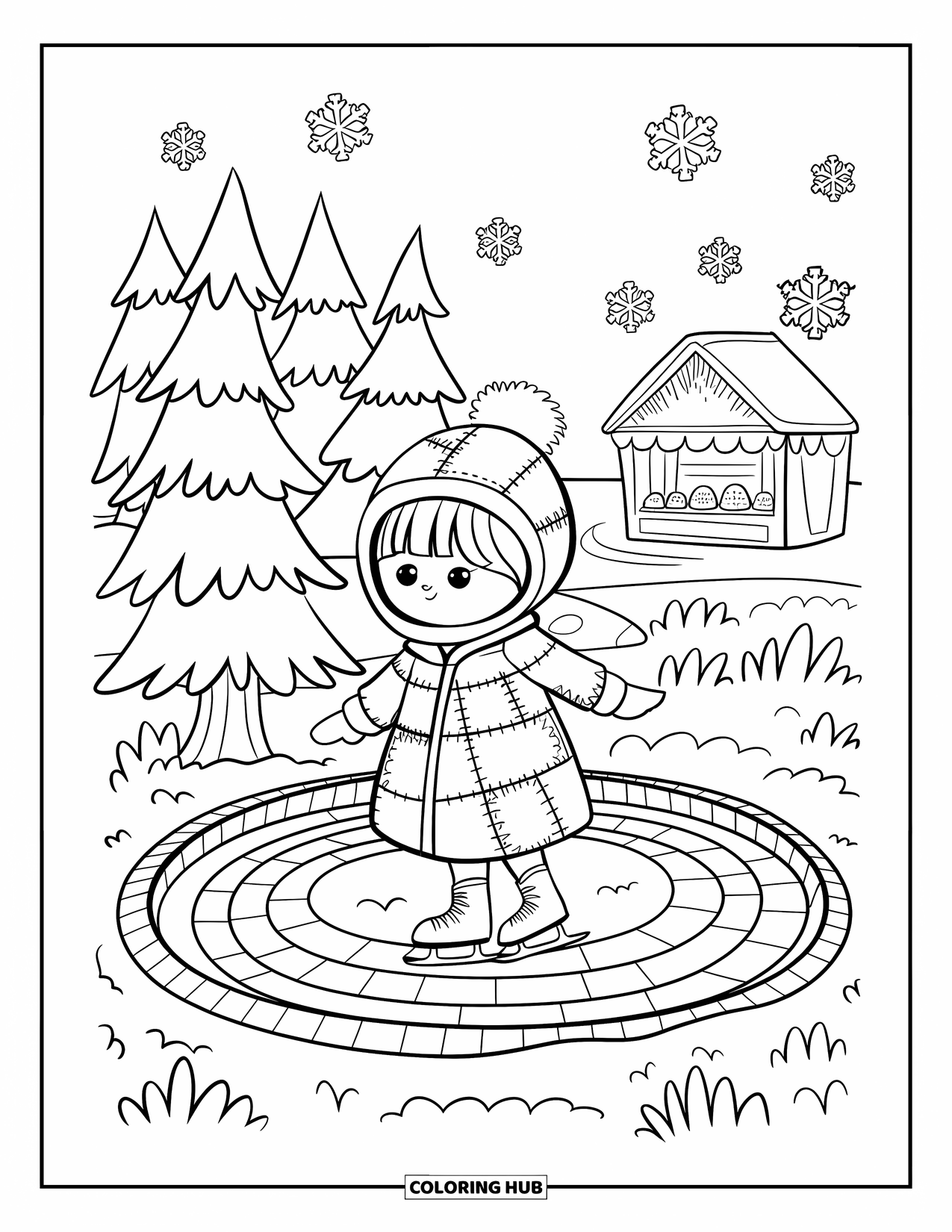 Mosaic Coloring Page for Adults: A happy child skates across a tiny mosaic pond as snowflake tiles float around
