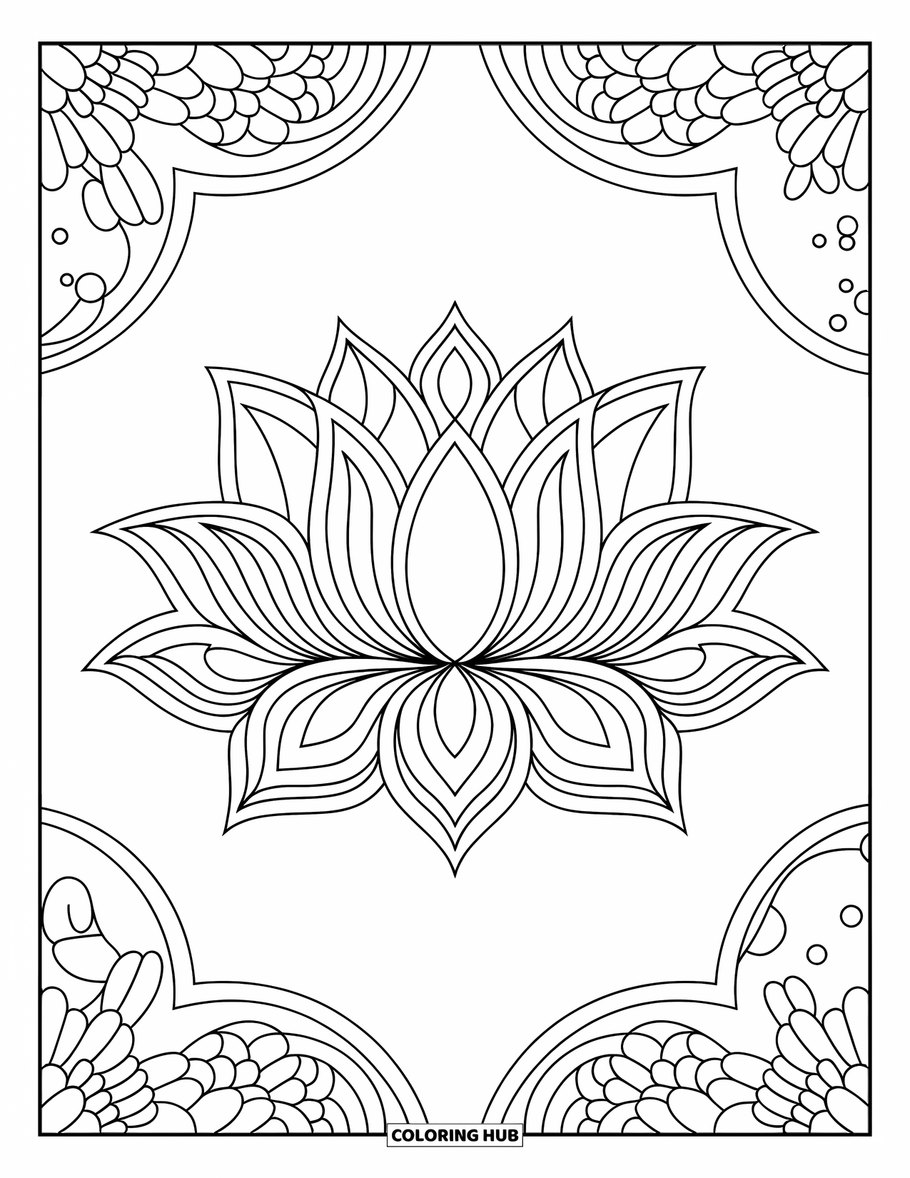 Mosaic Coloring Page for Adults: A lotus flower with artistic petal patterns arranged in curved tile symmetry