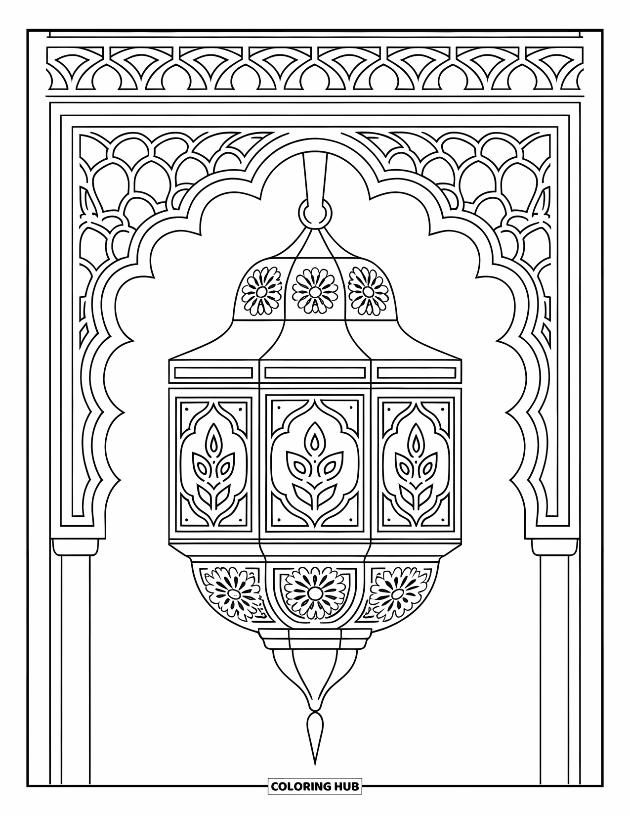 Mosaic Coloring Page for Adults: A Moroccan lantern with floral patterns hanging from a wooden structure