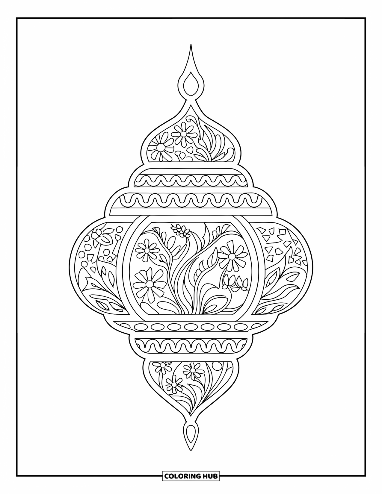 Mosaic Coloring Page for Adults: A Moroccan-style lantern with tile cutouts and delicate floral details
